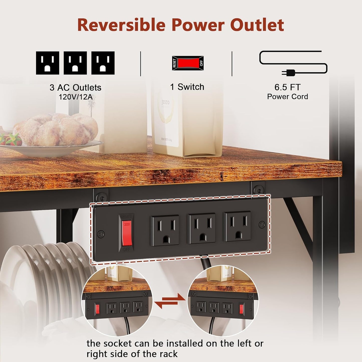 Coffee Bar Station with a 31.5 Inch Larger Desktop and 8 S Hooks,Kitchen Microwave Rack for Spices,Pots