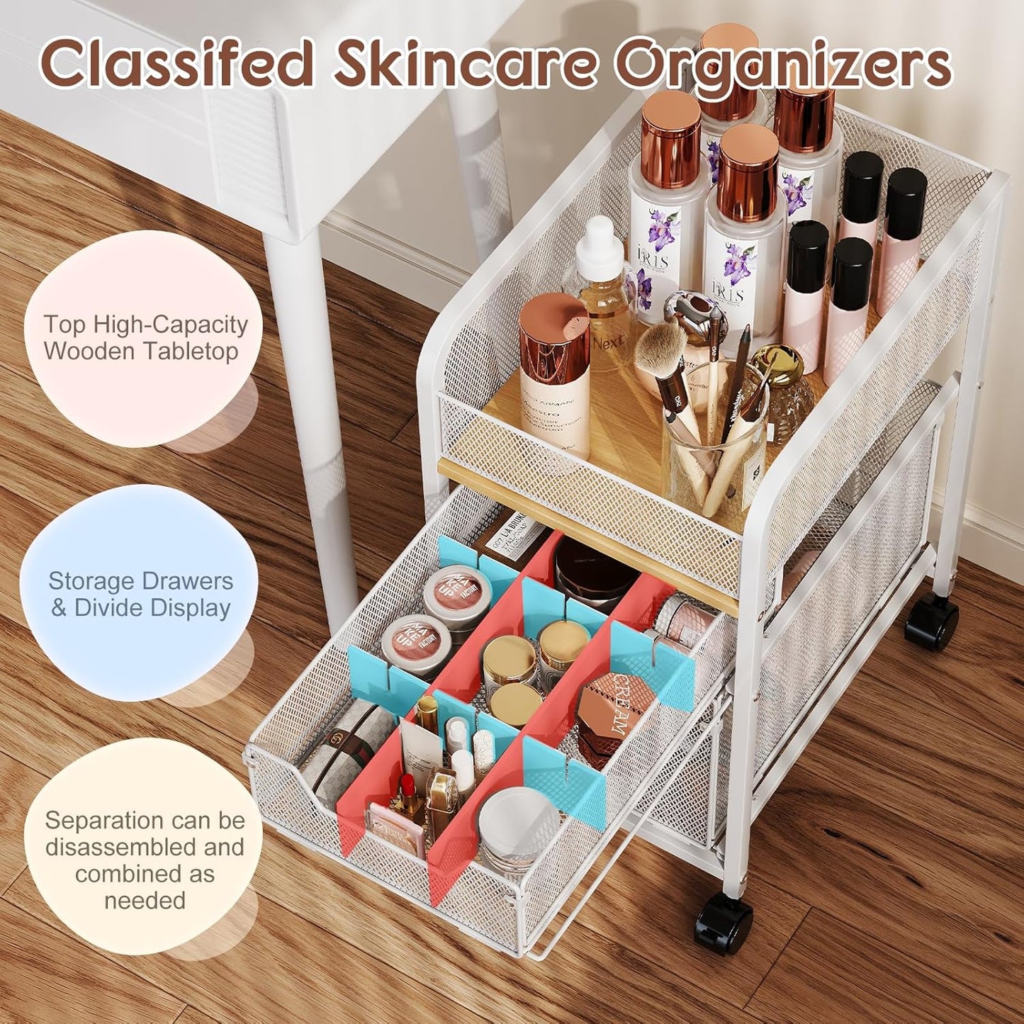 Rolling Makeup Cart Organizer with 2 Drawers, Narrow Floor Skincare Organizers, Vanity Organizer