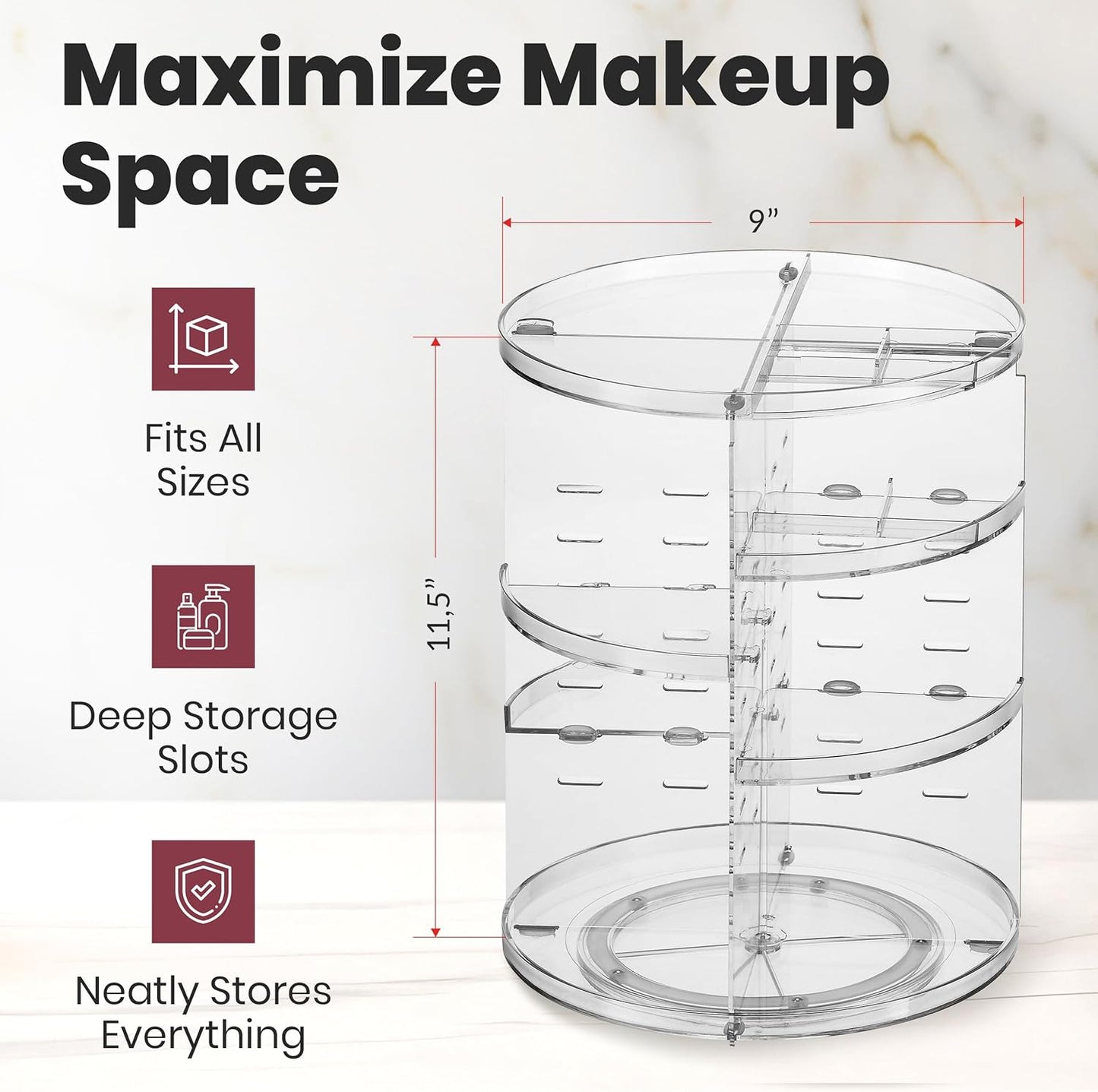 360 Rotating Makeup Organizer Countertop - Adjustable Shelf Height Countertop Storage