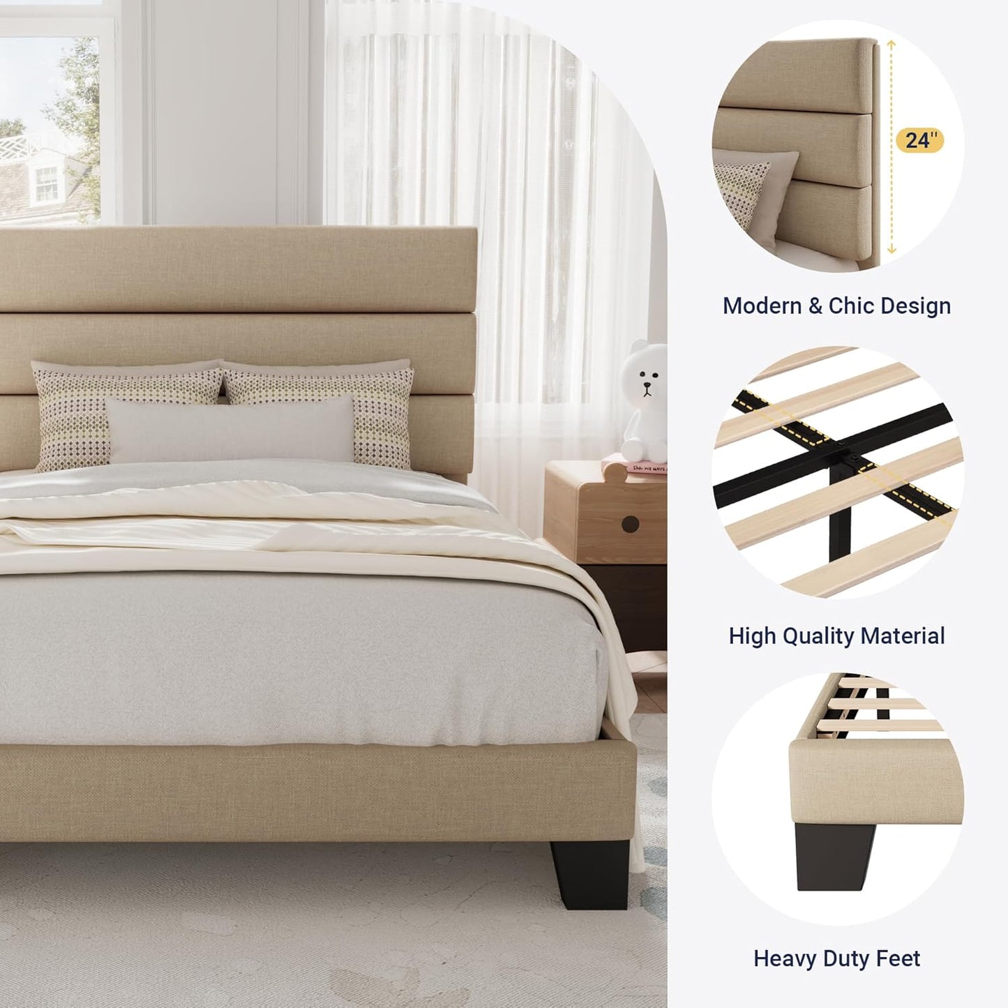 Twin Size, Platform Bed Frame with Fabric Upholstered and Wooden Slats Support, /No Box Spring Needed