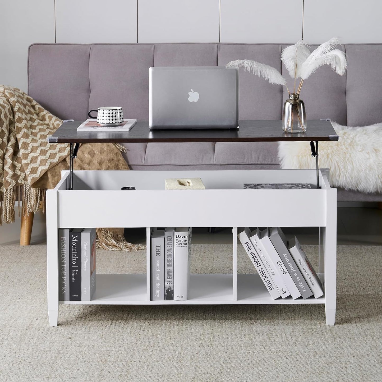 Farmhouse Lift Top Coffee Table, Rustic Grey with Storage Shelf/Hidden Compartment
