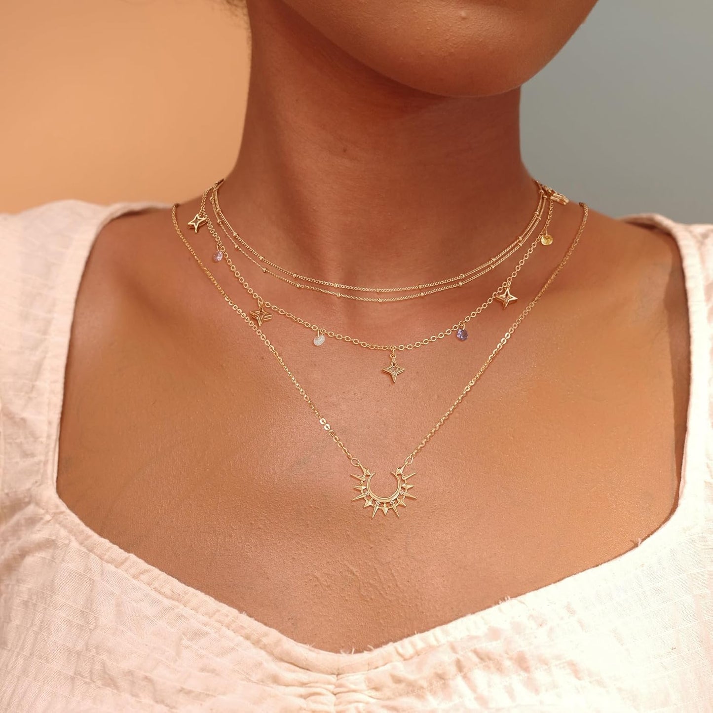 14K Gold Star & Moon Necklace - Dainty Pendant Chain for Women, Mother's Day/Valentine Gift