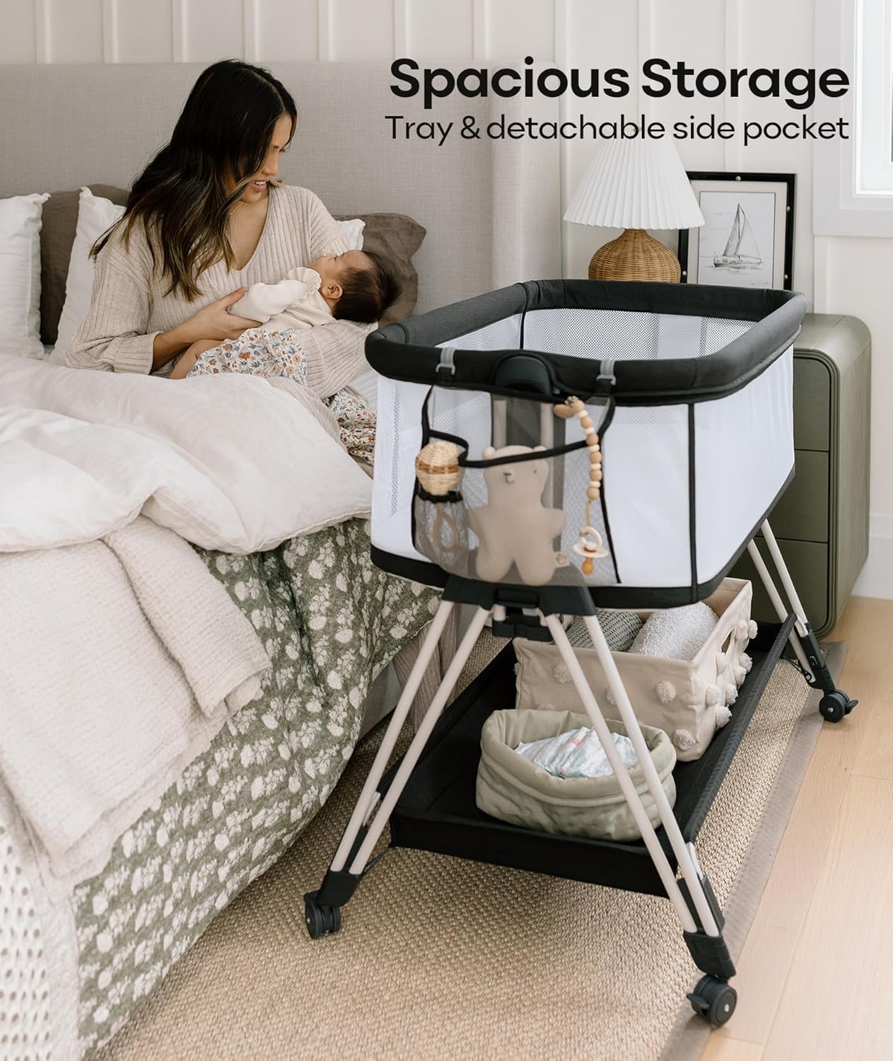 Bassinet Bedside Sleeper with Wheels and Storage Tray,4-Sided Mesh  Easy Folding Bedside Crib