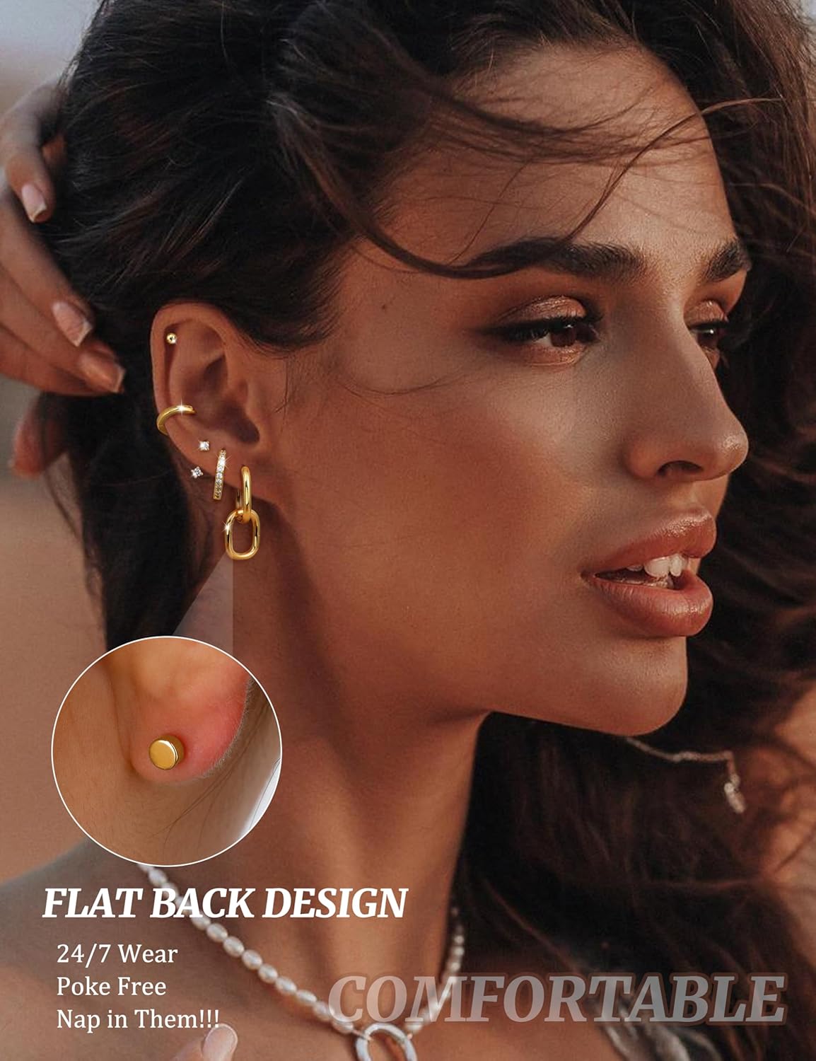 Flat Back Earrings for Women Surgical Steel Earrings for Sensitive Ears-20G Cartilage Earring Stacks Gold Hoops Flatback