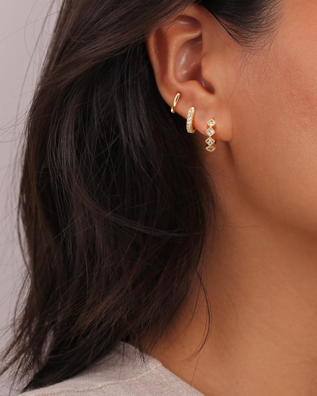 Gold Hoop Earrings Set for Women Trendy, 14K Gold Plated Chunky Hypoallergenic Small Diamond Cartilage Hoops Cute Cubic