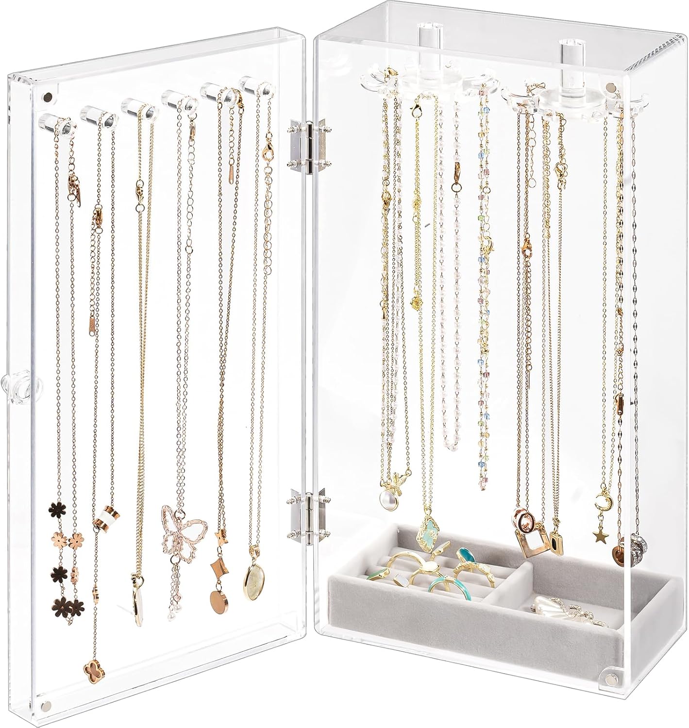 Acrylic Jewelry Organizer with 24 Hooks, Rotating Clear Necklaces Display Box with Built-in Mirror