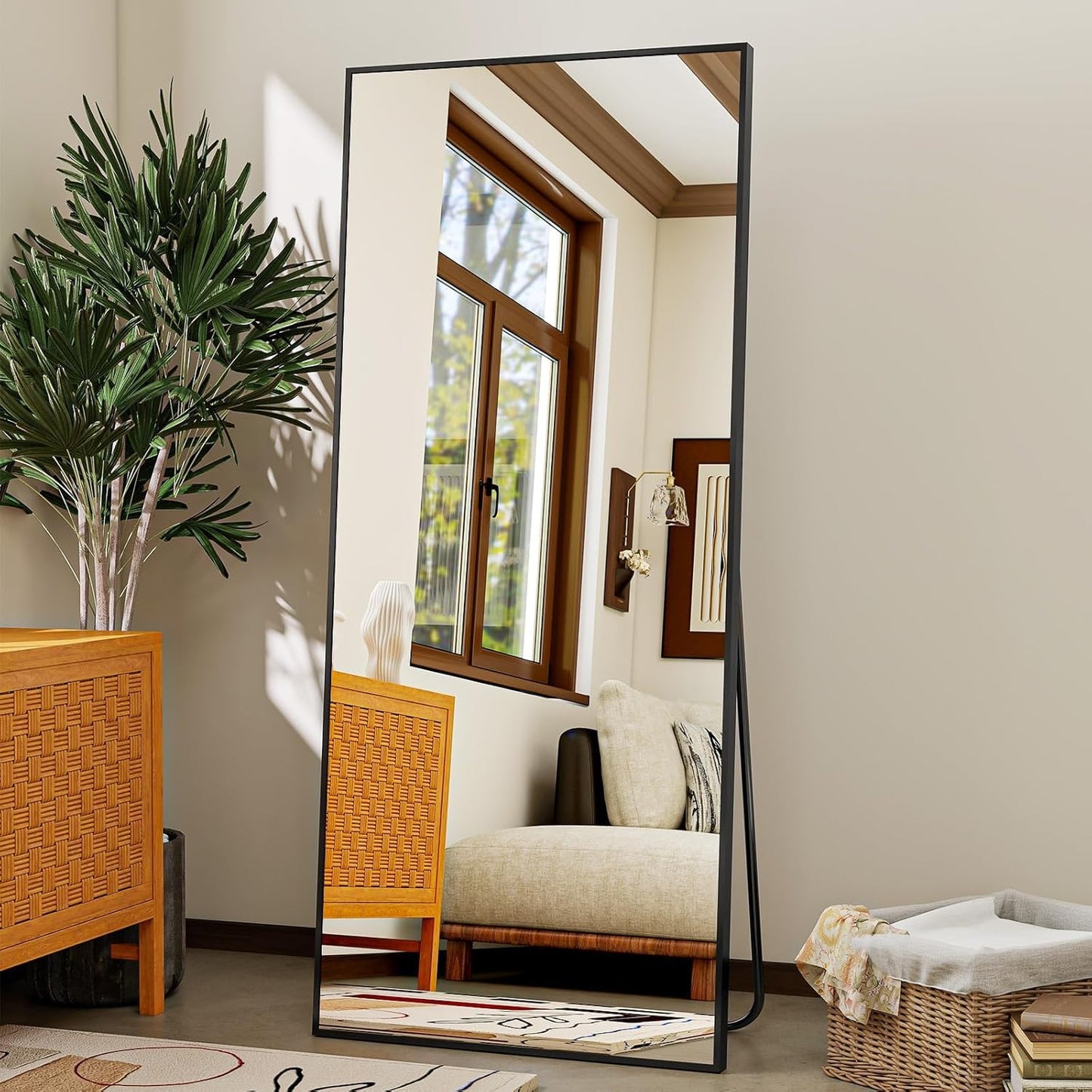 Mirror Full Length - 21" x 57" Floor Mirror with Stand, Aluminum Alloy Frame Full Body Mirror