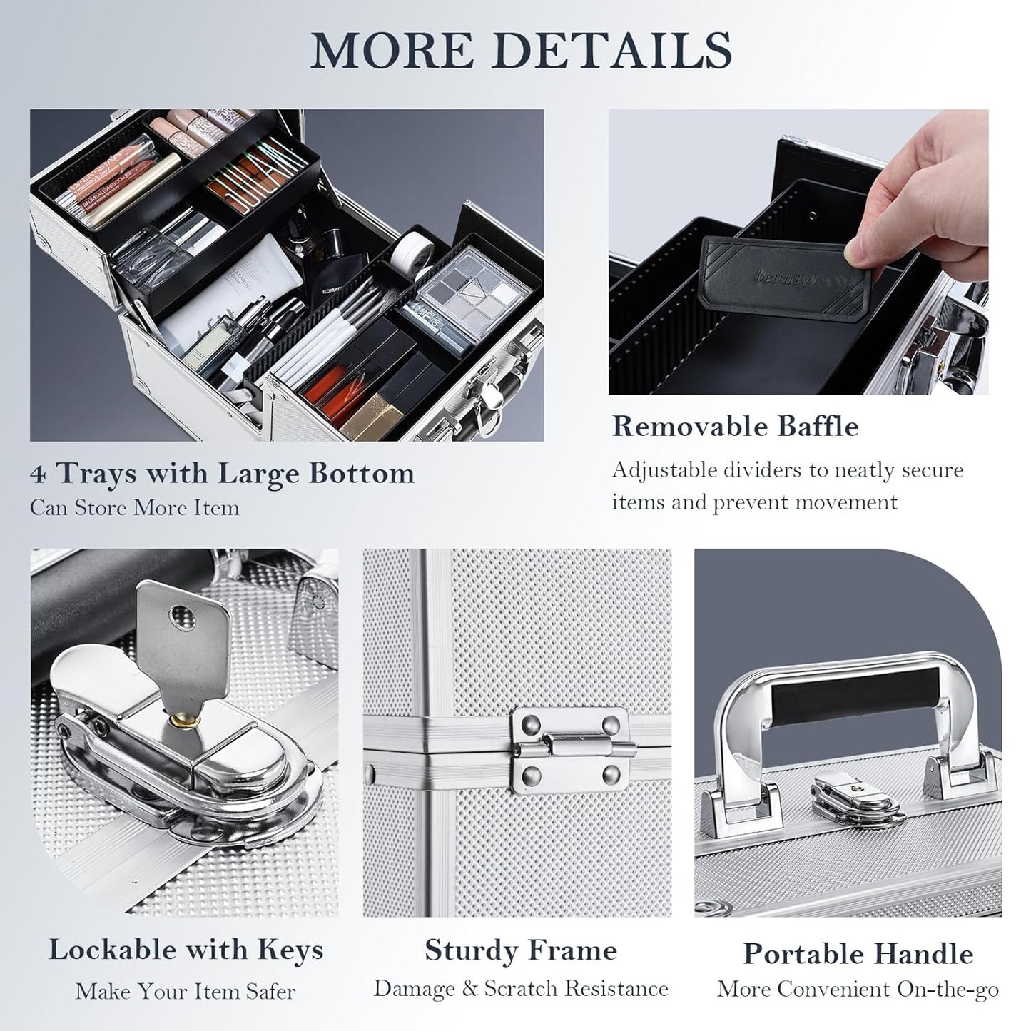 Makeup Organizer Box Portable Cosmetic Travel Case with Lock 4 Trays Aluminum Hard Vanity Box