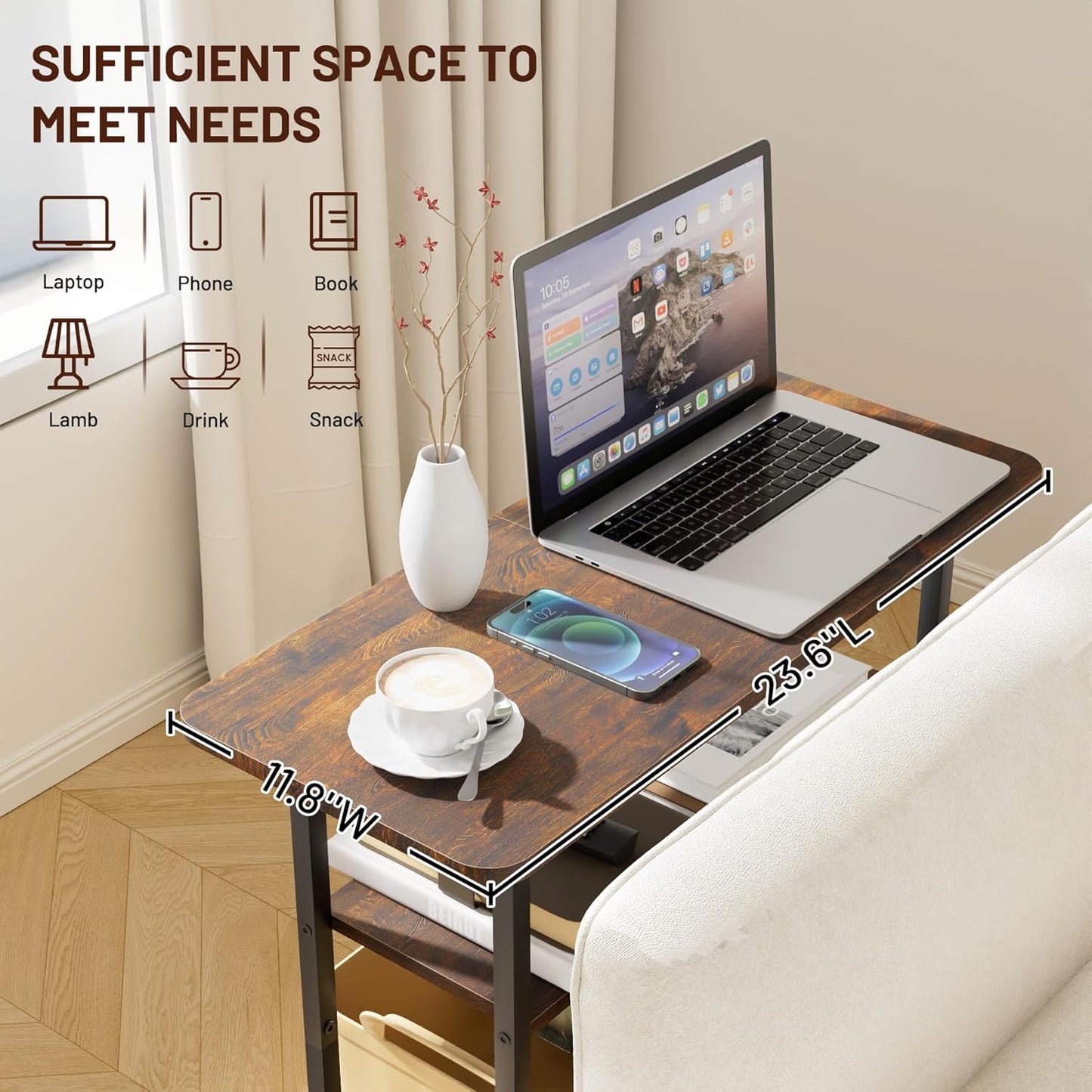 Side Table for Living Room, 3-Tier End Table for Small Space with Wide Storage Tabletop