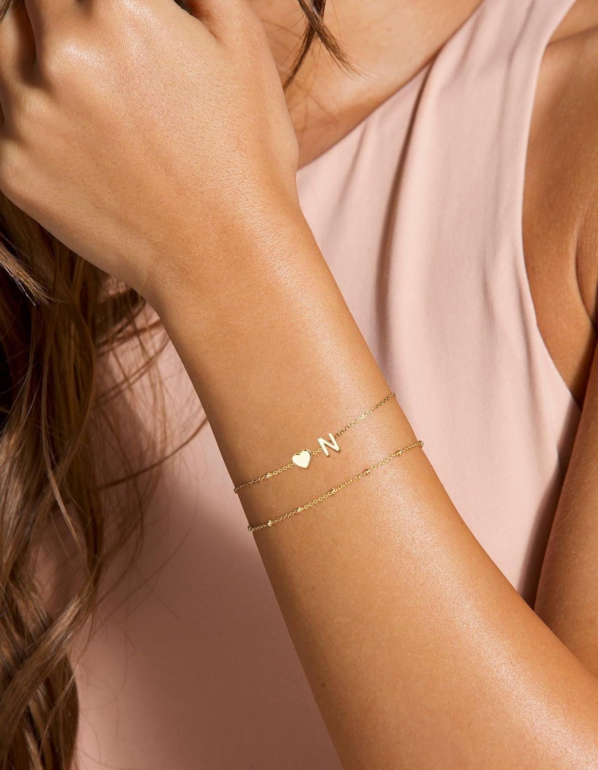 Dainty Initial Heart Gold Bracelets for Women Trendy, 14K Real Gold Letter Charm Bracelet Jewelry