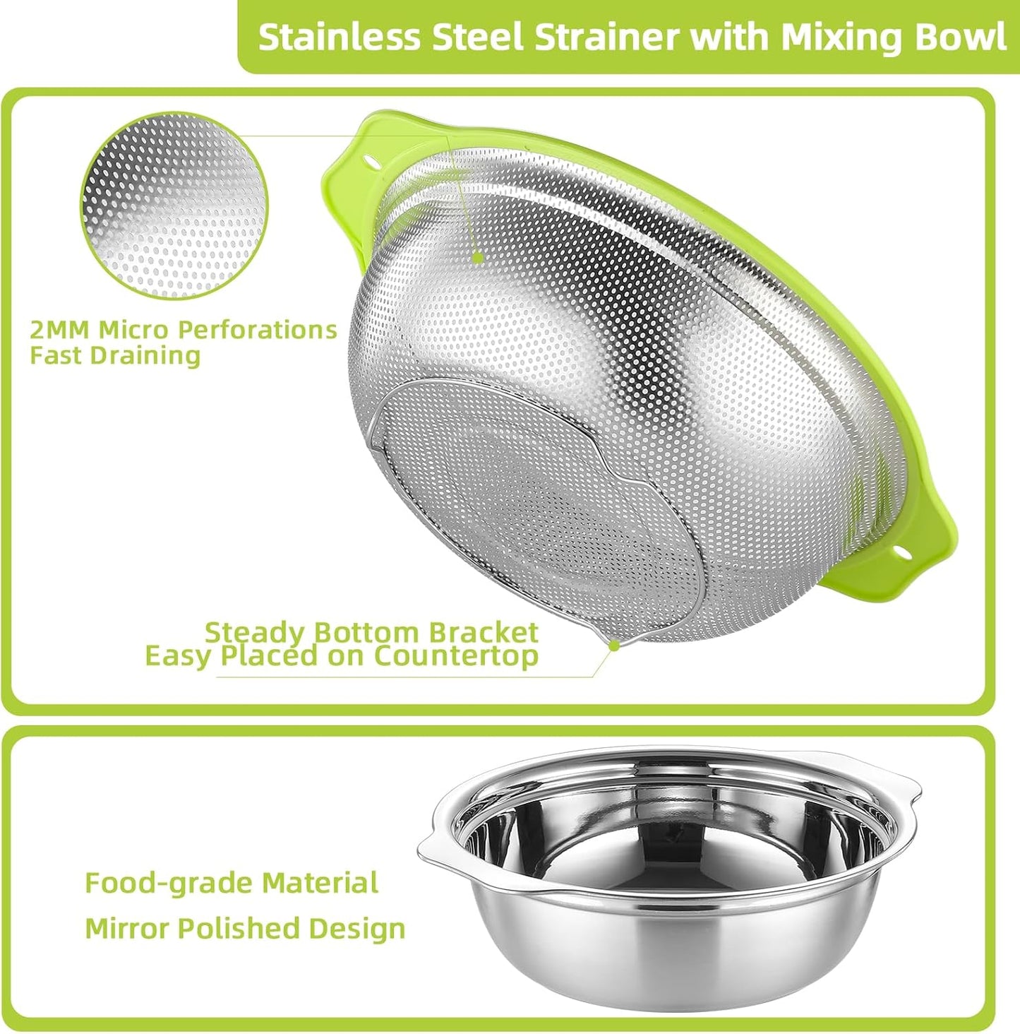 Colander Stainless Steel Microporous, 2QT Rice Strainer with Mixing Bowl, Rice Washer Bowl Set with Handle