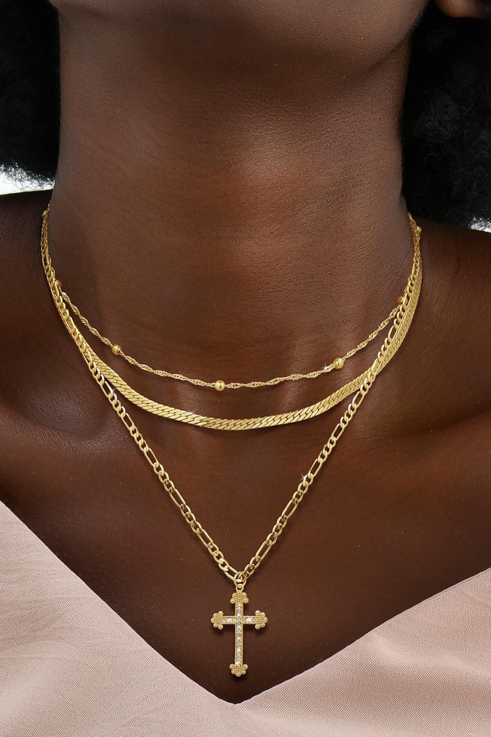 Women's Necklace - 14K Gold/Silver Plated Layered Chain With Cross, Coin & Pearl Pendants - Stackable Trendy Jewelry Gift For Her