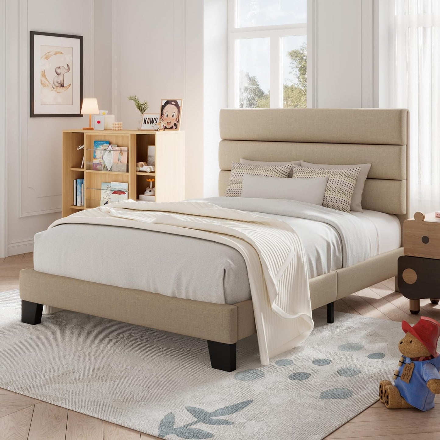 Twin Size, Platform Bed Frame with Fabric Upholstered and Wooden Slats Support, /No Box Spring Needed