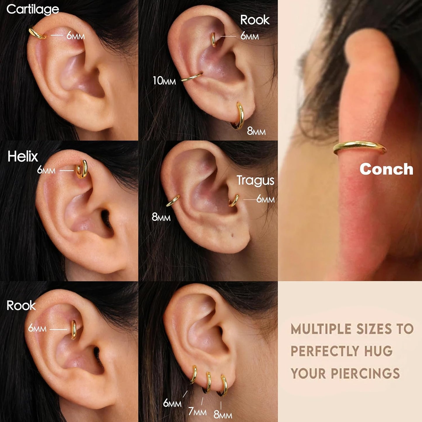 Small Gold Huggie Hoop Earrings Set for Women Men Hypoallergenic 14K Plated Stack Cartilage Earrings, Multiple Piercing