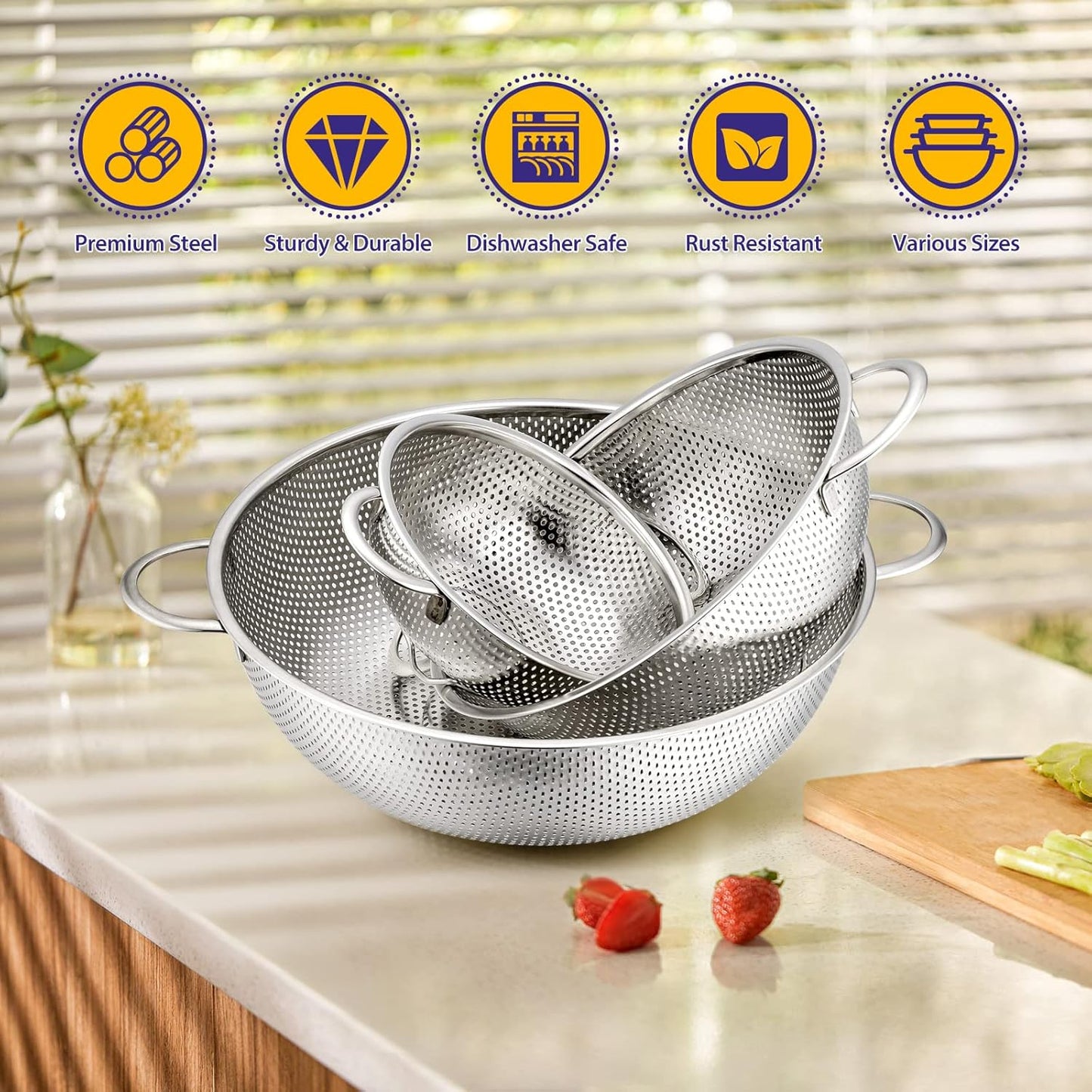 Micro-Perforated Metal Colander Strainer with Handle for Kitchen/Draining Pasta/Rinsing Vegetables Fruits