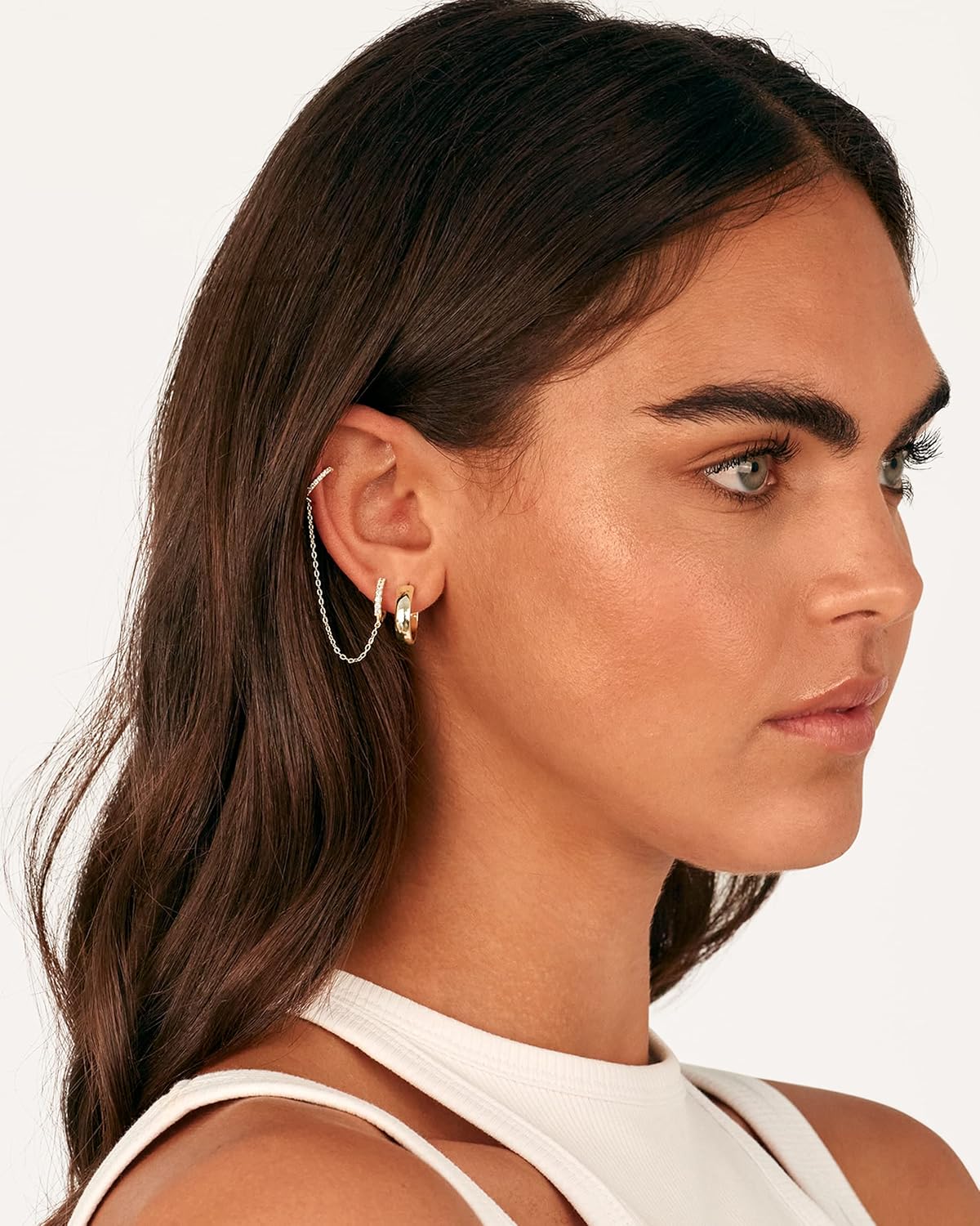 14K Gold Chain Earrings for Women | Double Piercing Dangle Chain Huggie Hoop Earrings | Cubic Zirconia Pearl Stud Ear Cuff Earrings for Women