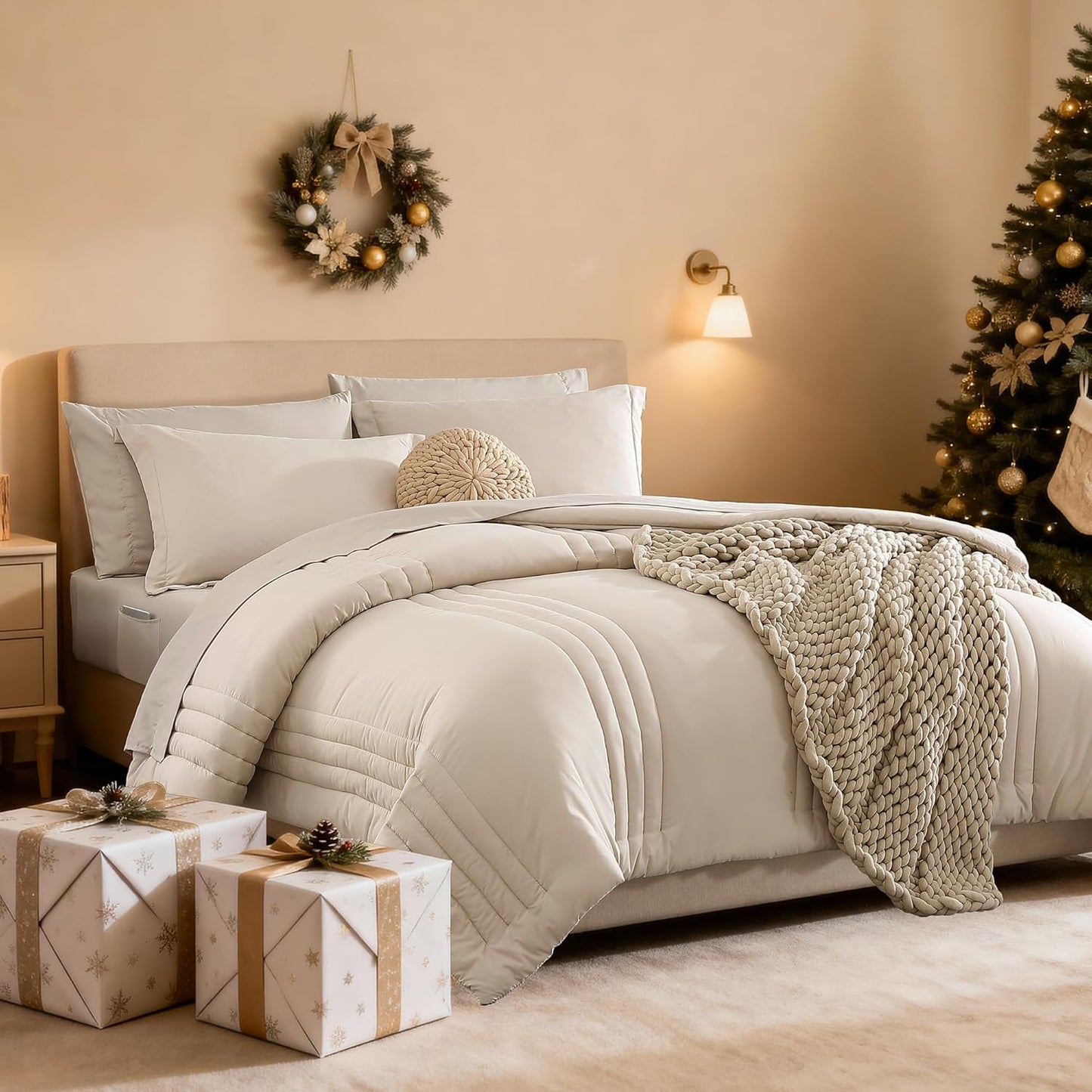 Queen Comforter Set - 7 count Beige Bed in a Bag Queen Bedding Sets , All Seasons