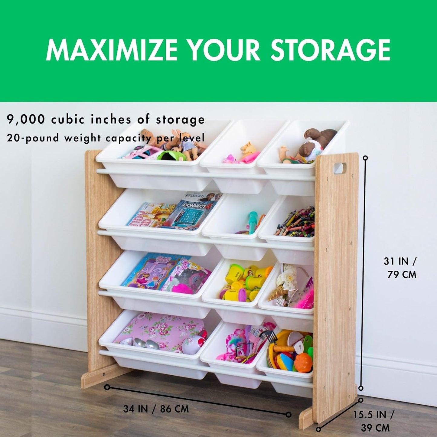 Toy Storage Organizer with 12 Plastic Bins,  Removable Bins for Playroom, Bedroom