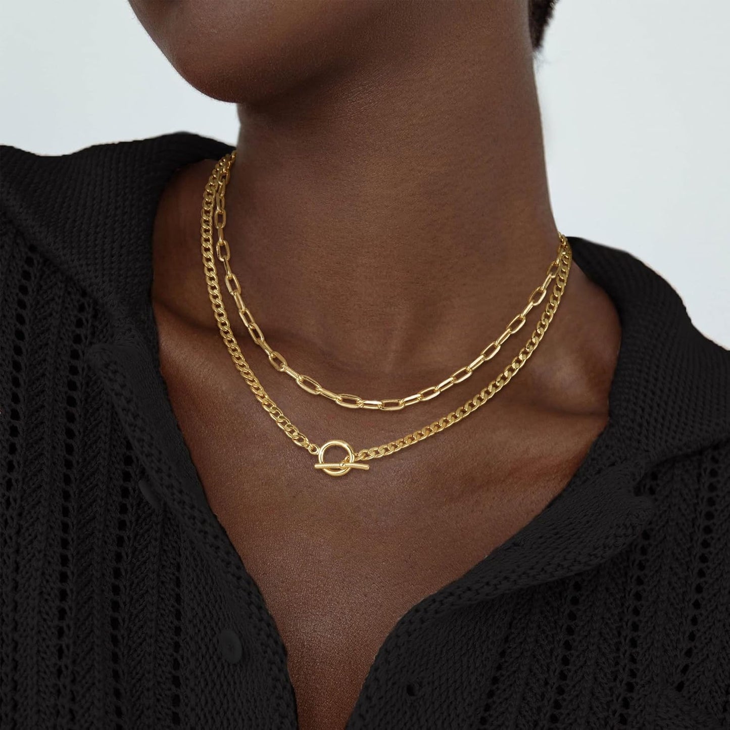 Gold Layered Necklaces for Women,14K Dainty Gold Chain Necklace Women Trendy Cuban Link Chain Toggle Clasp Necklace Fashion Chunky Jewelry for Women