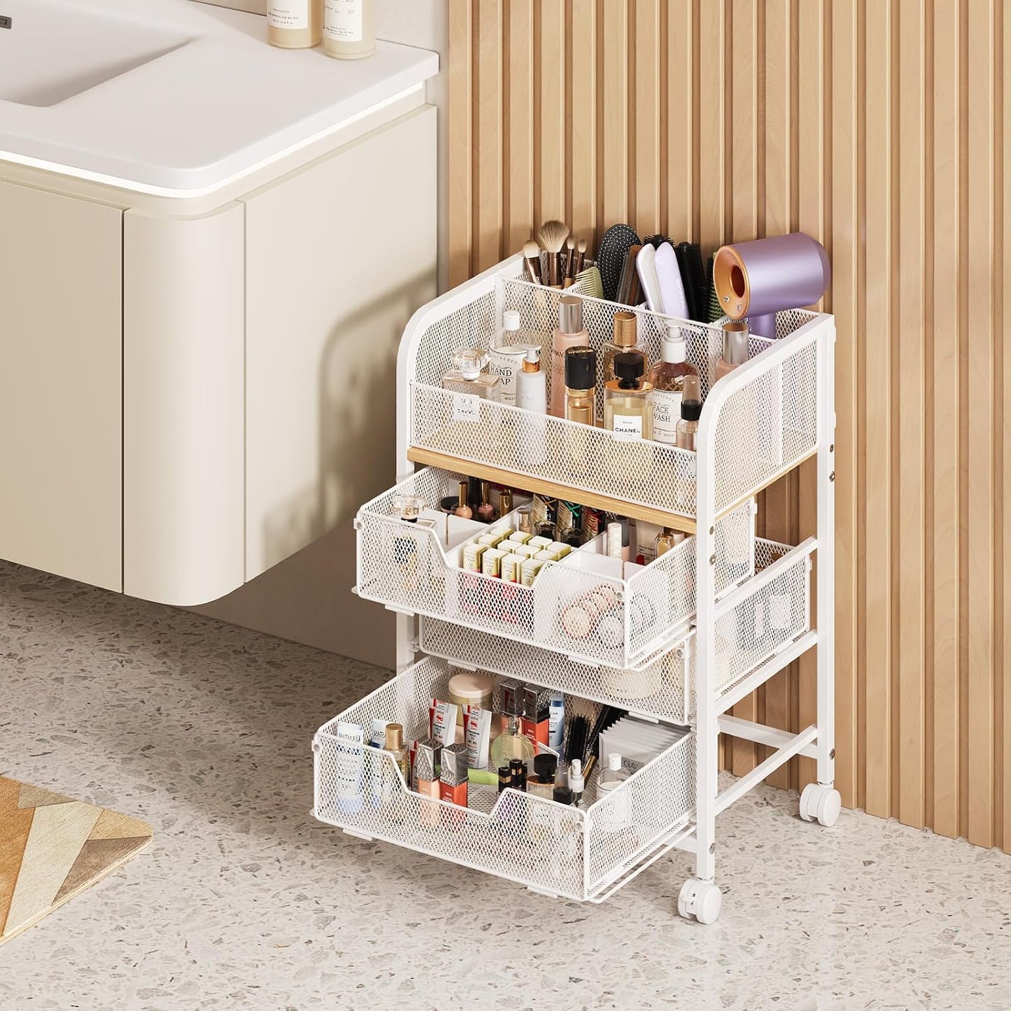 3 Drawers Makeup Cart Organizer with Divider, Under Desk Floor Skincare Organizers