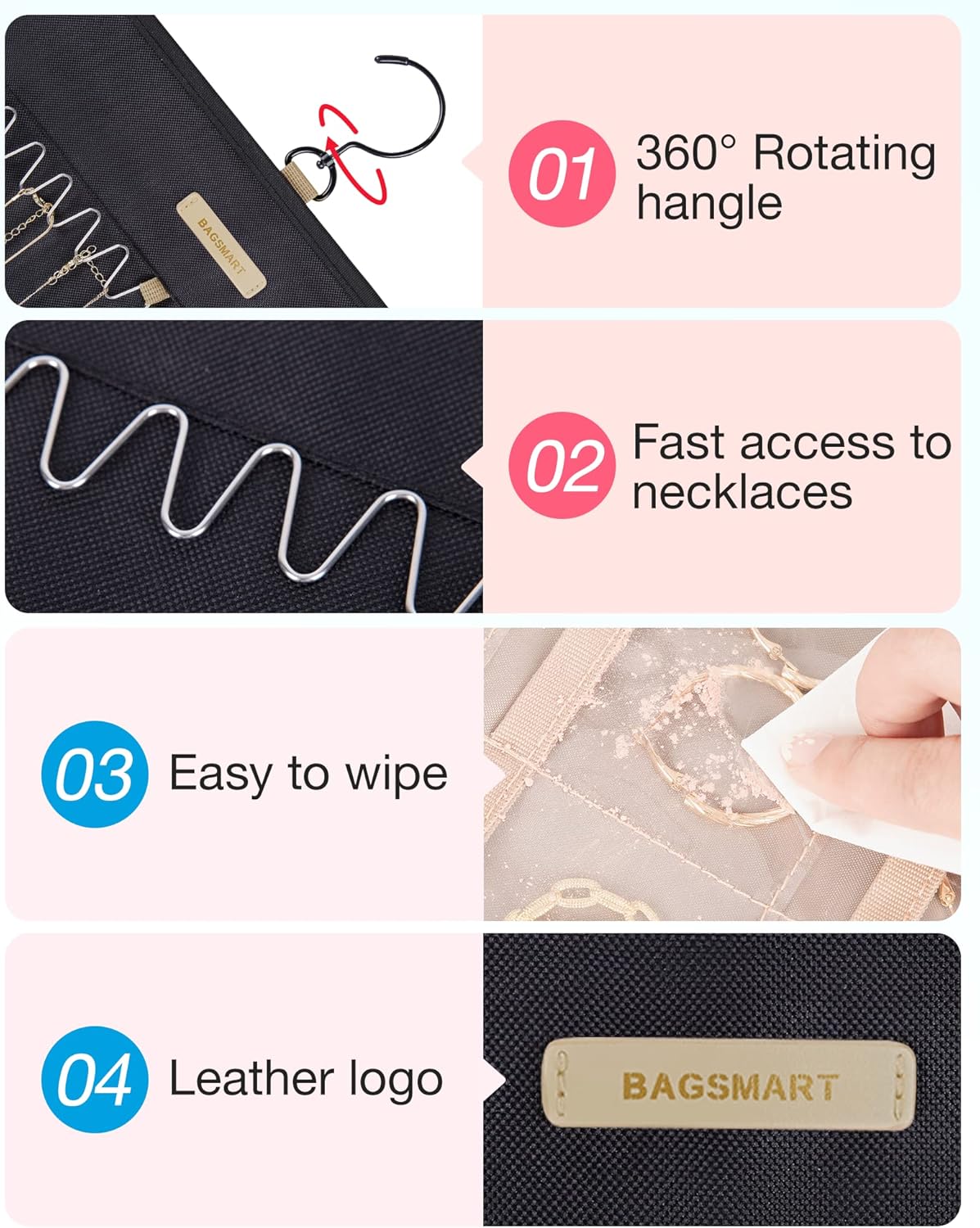 Jewelry Organizer Storage Roll with Hanger Metal Hooks Double, Necklaces, Rings on Closet, Wall, Door