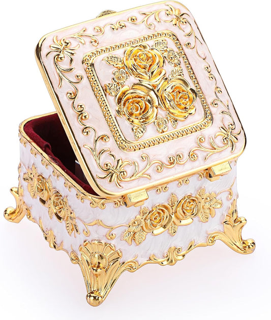 Vintage Jewelry Box Trinket Organizer Enameled Metal Treasure Chest Ring Holder Earrings Storage Case Decorative