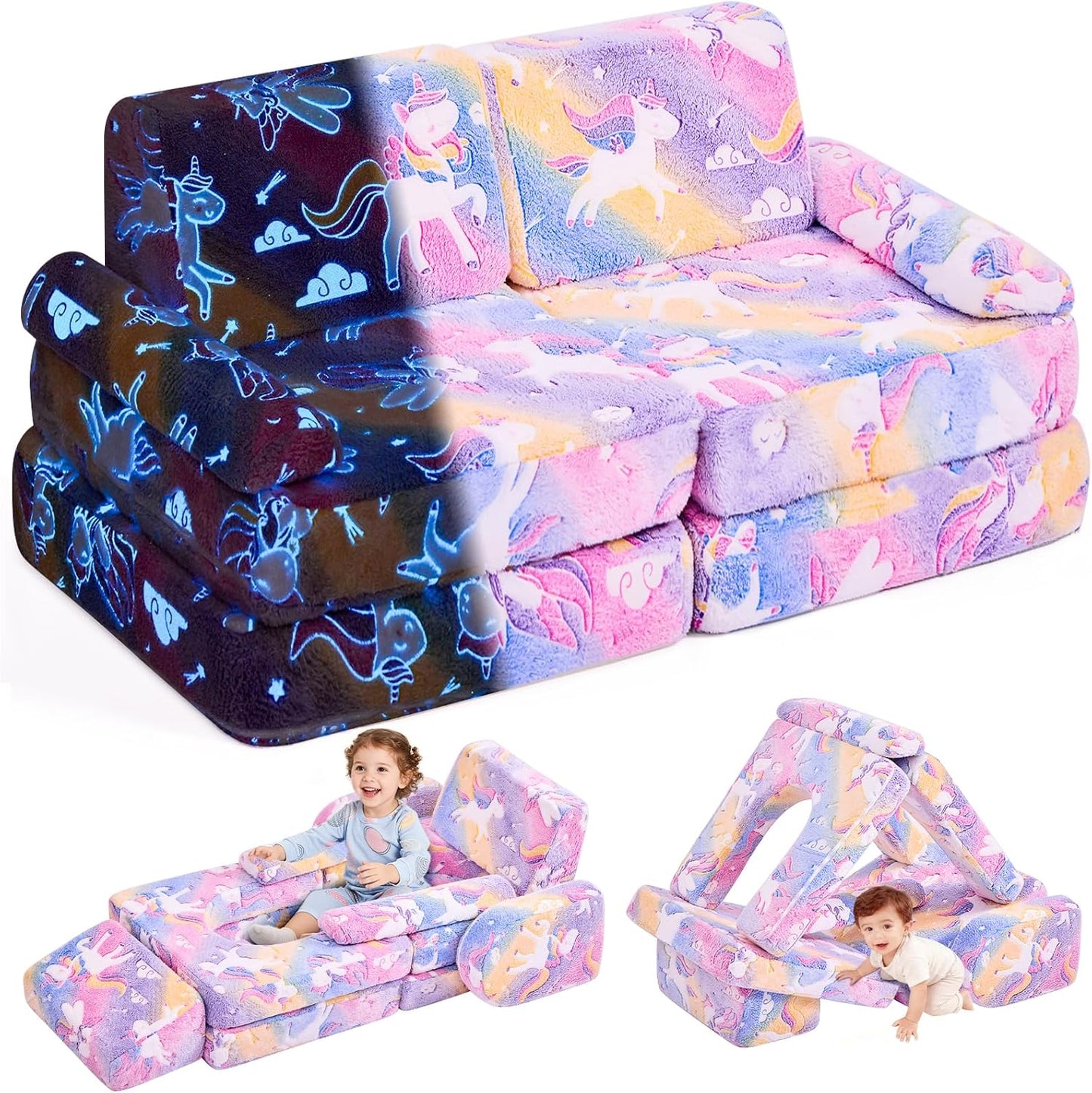 Modular Kids Sectional,Bedroom and Playroom Furniture,Convertible Foam and Floor Cushion ,Glow in The Dark