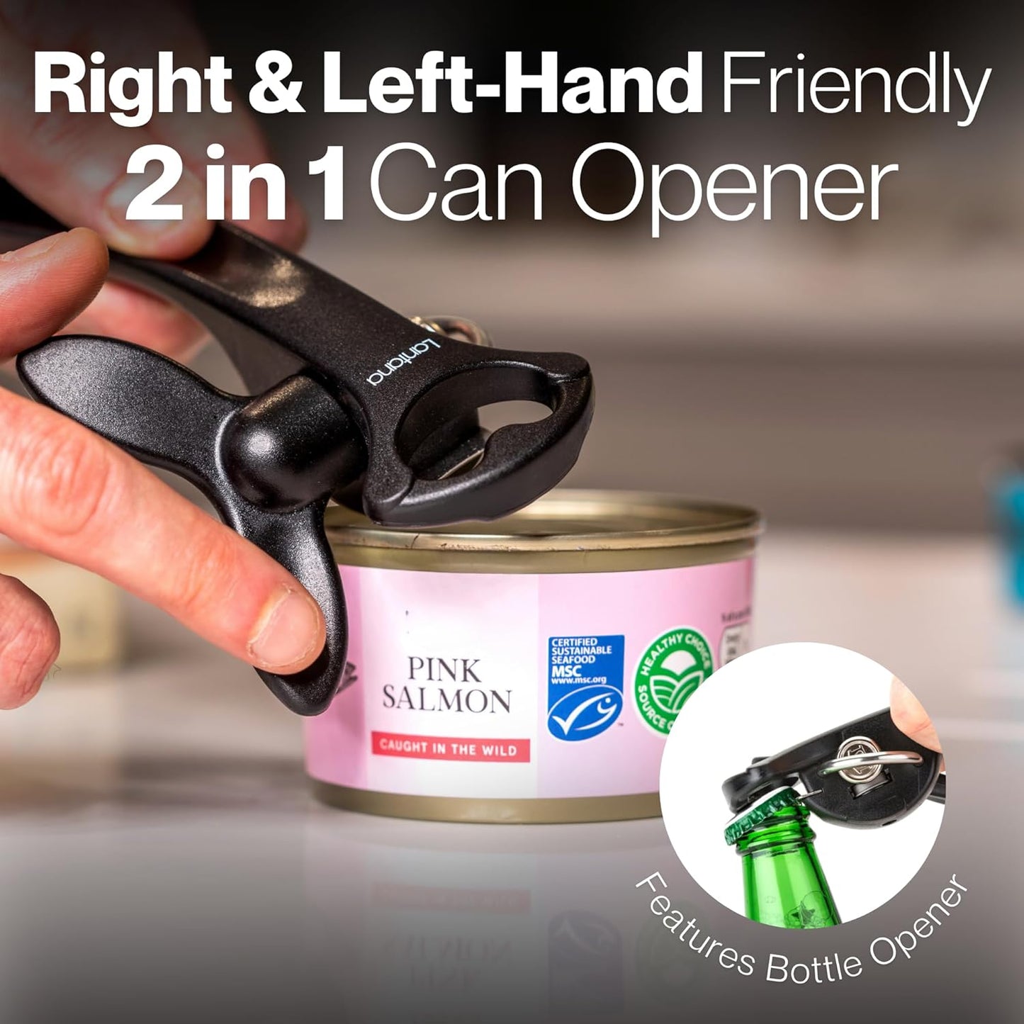 Lantana Smooth Edge Can Opener with Bottle Cap Lifter - Hand Held Manual Safety Tin Opener