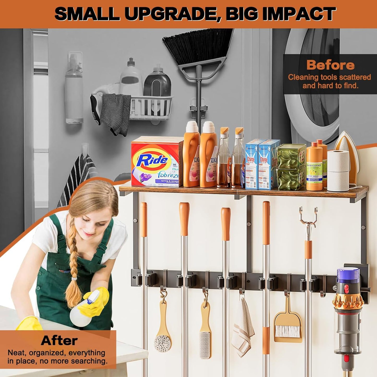 Broom Holder Wall Mount with Cleaning Supplies Organizer, Laundry Room Organization Hooks