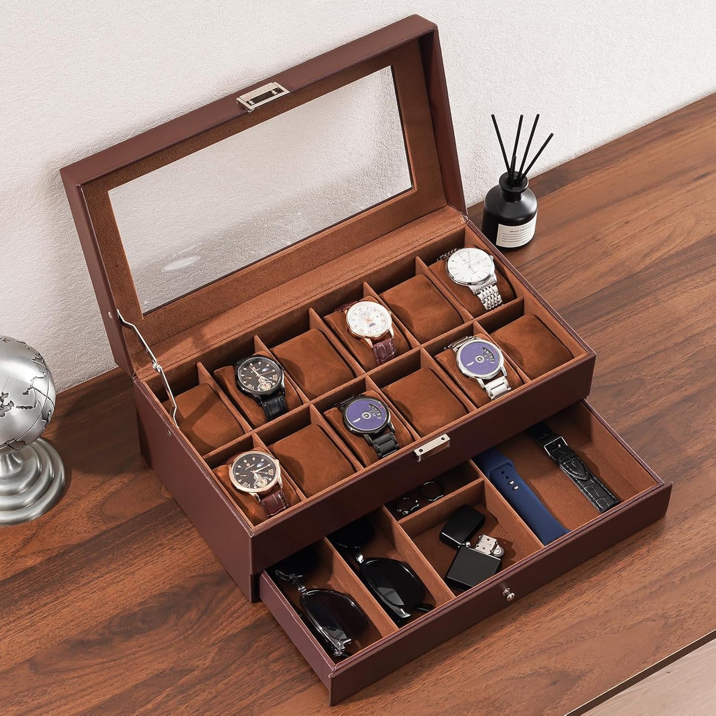 12 Slot Men Watch Case With Drawer, Watch Display Case With Glass Lid, 2-Layer Watch Holder Organizer