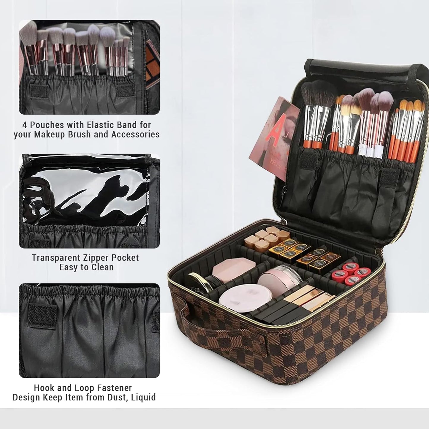 Checkered Makeup Bag, with Adjustable Partition, Cosmetic Bags for Women Toiletry Travel
