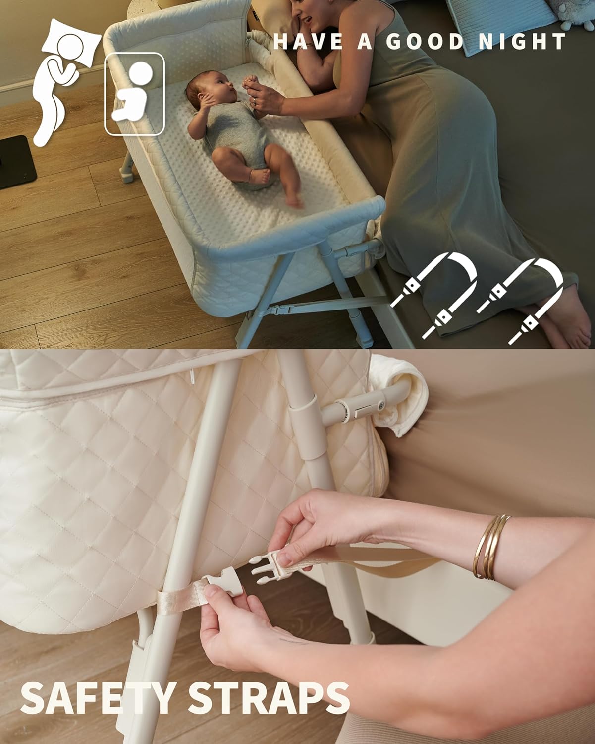 Bassinet Bedside Sleeper,  Baby Sleeper with 4 Auto-Lock & Adjustable Height, Breathable Mesh & Mattress
