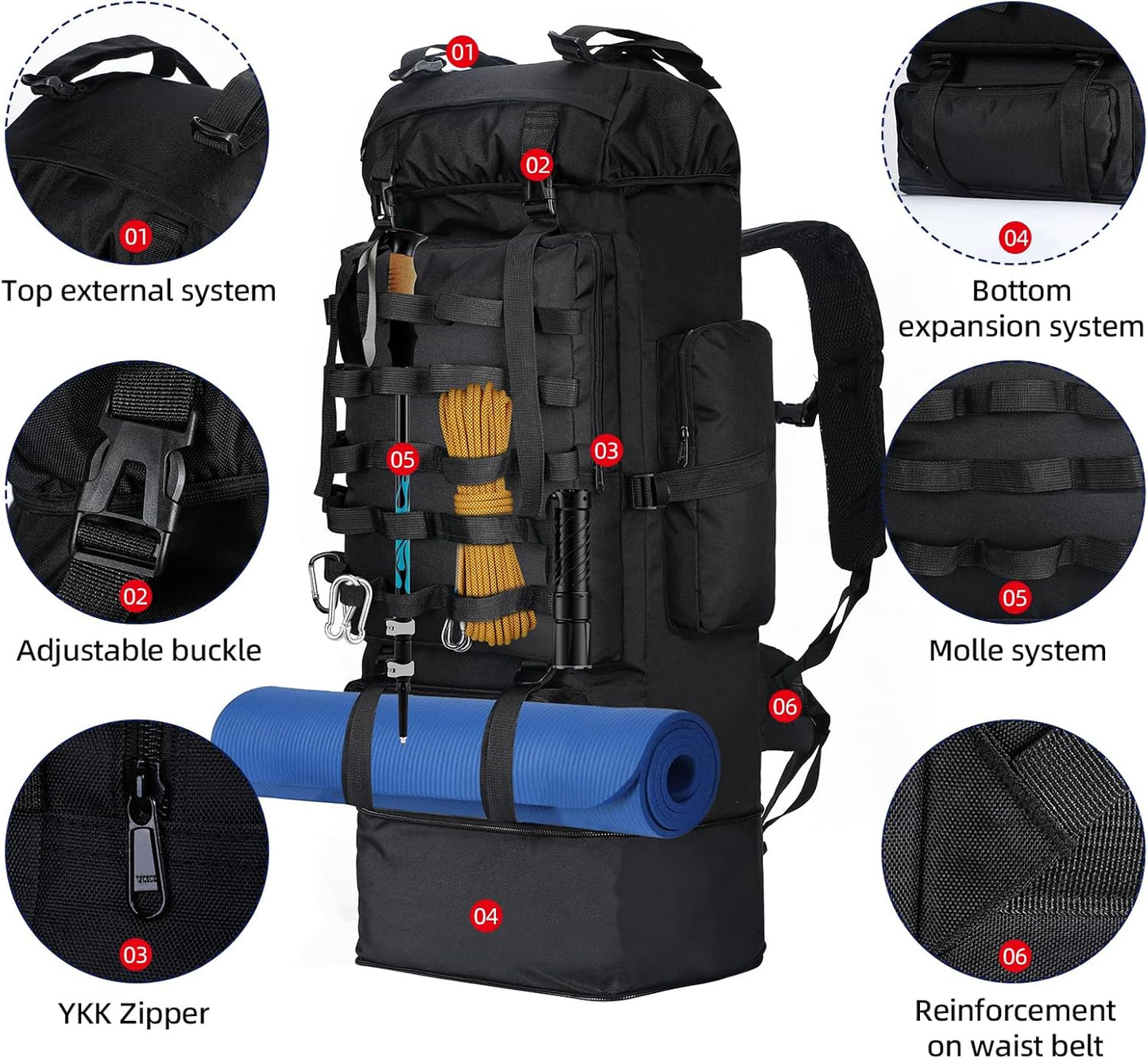 Expandable Large Military Tactical Backpack, Waterproof Molle Racksack Travel Backpacking Daypack