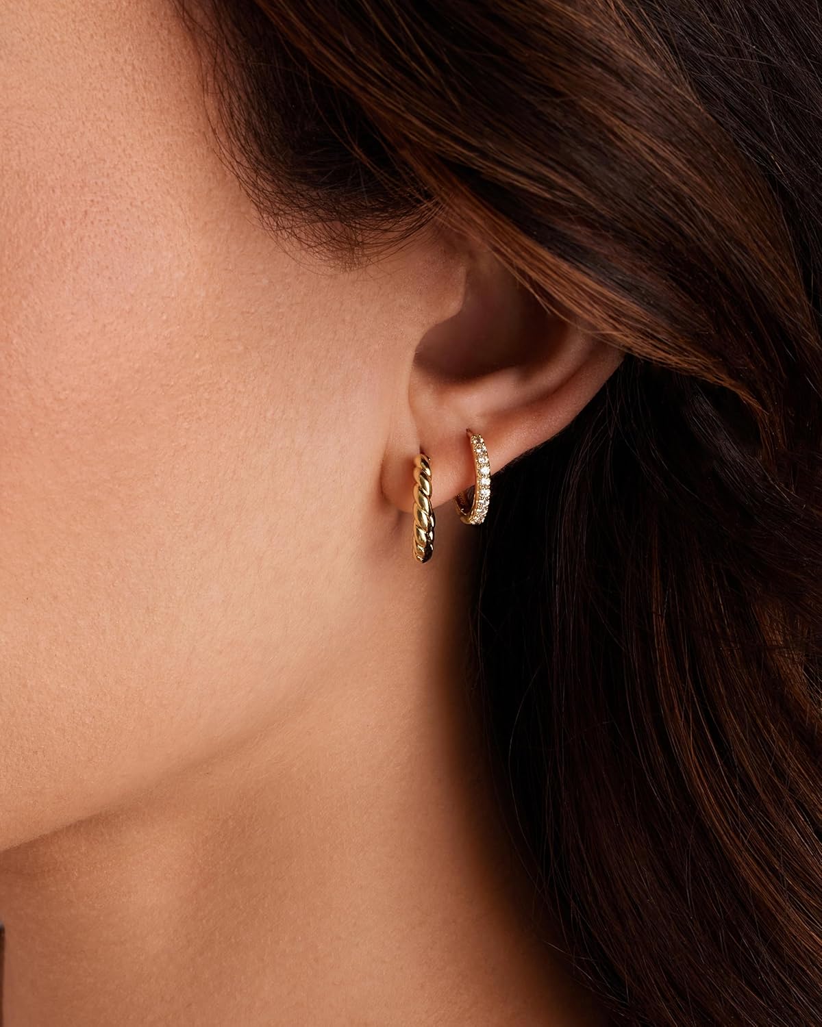 14K-18K Yellow Gold Plated Sterling Silver Posts Three Pairs Small Hoop Earrings for Women - Statement Gold Hoop Earrings Set