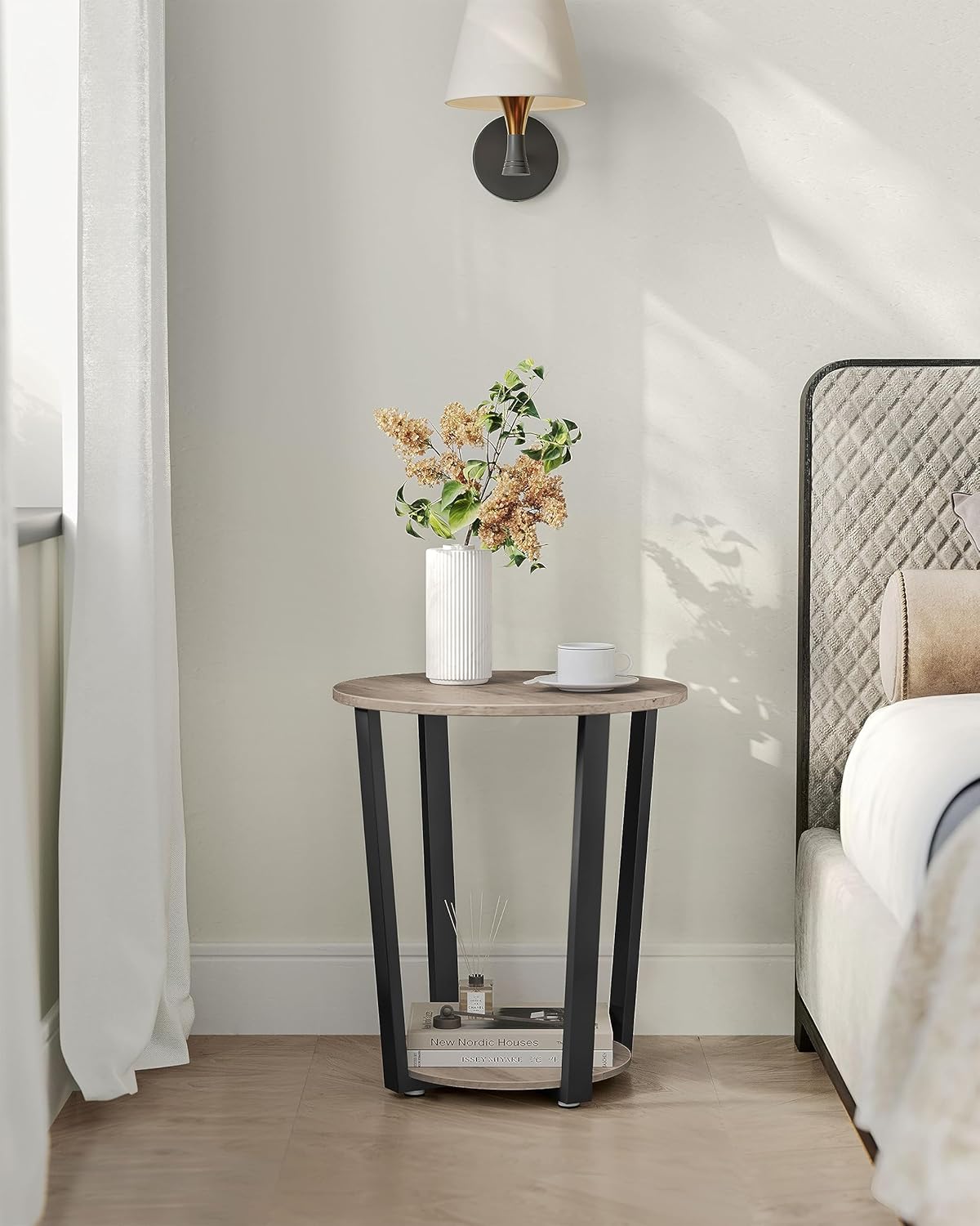 Round Side End Table, 2-Tier Accent Bedside Table with Storage Shelf, Easy Assembly