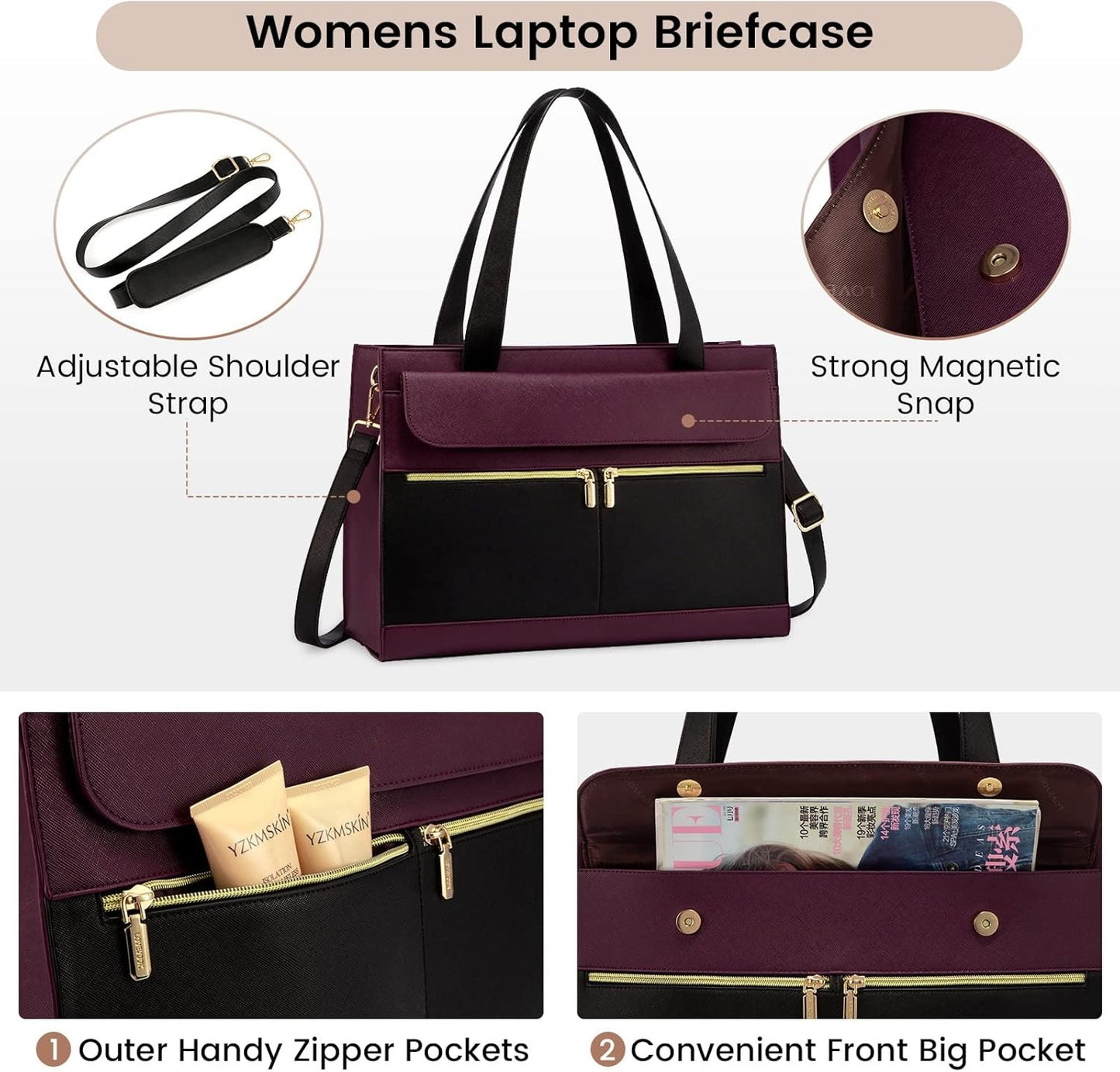 for Women 15.6 Inch Tote Work Professional Leather Computer Briefcase Waterproof Handbag Shoulder Large