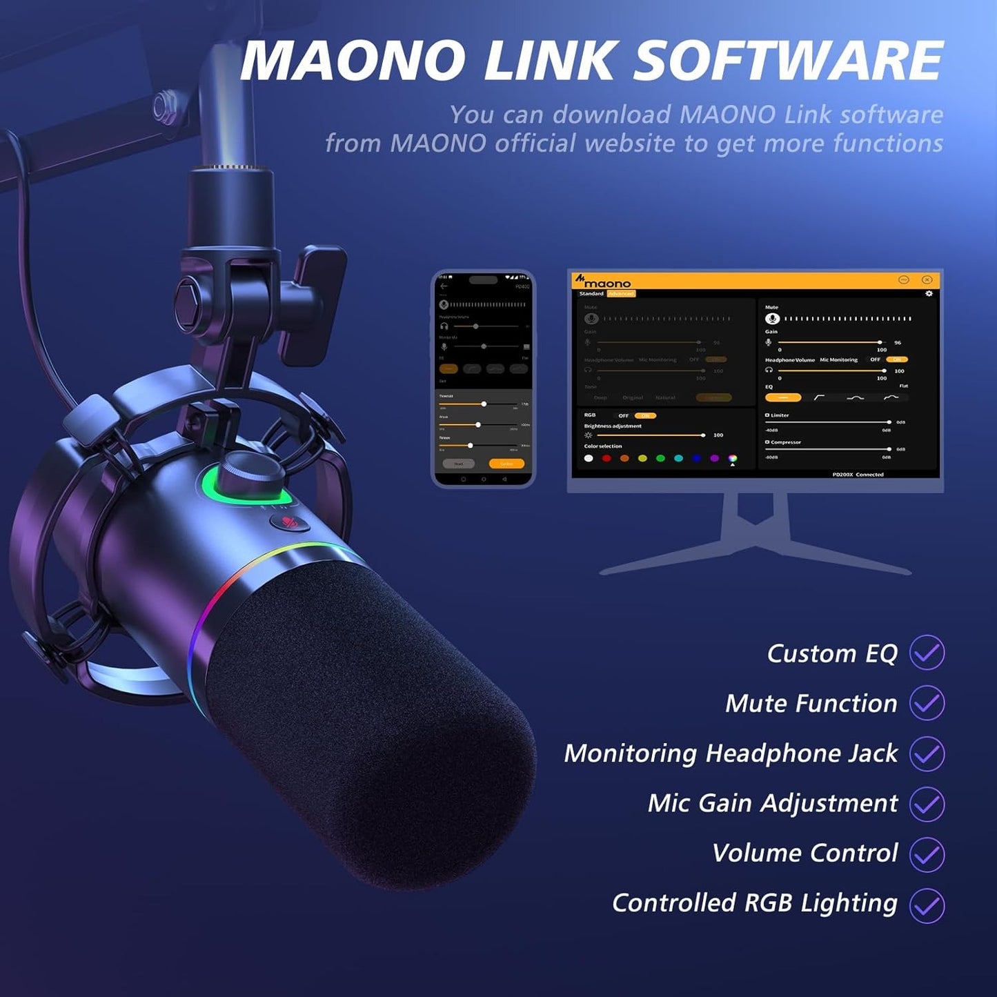 OMOMMD XLR/USB Dynamic Microphone Kit, RGB Podcast Mic with Software, Mute, Gain Knob, Volume Control, Boom Arm for Streaming, Gaming, Voice-Over, Recording-PD200XS Black