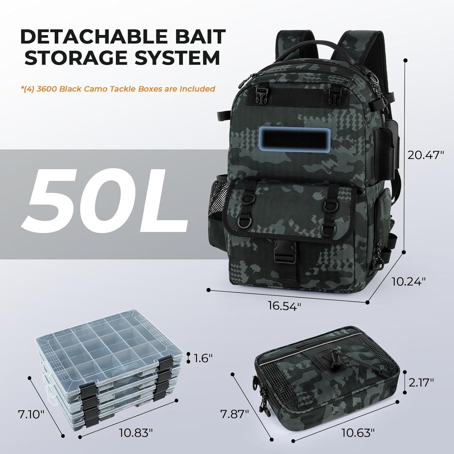 50L Fishing Tackle Backpack with Removable Bait Binder,2 Rod Holders Storage Fishing Gear and Equipment