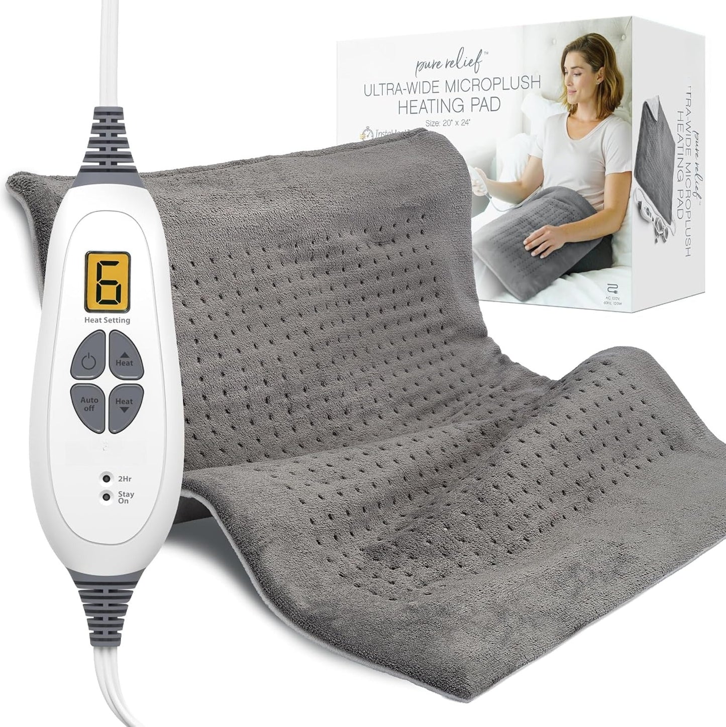 OMOMMD PureRelief Ultra-Wide Microplush Heating Pad - 20” x 24” XXL Size & 6 Heat Settings for Temporary Neck, Shoulder & Back Pain Relief - Moist Heat Option & Machine Washable (Gray)