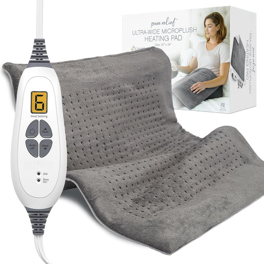 OMOMMD PureRelief Ultra-Wide Microplush Heating Pad - 20” x 24” XXL Size & 6 Heat Settings for Temporary Neck, Shoulder & Back Pain Relief - Moist Heat Option & Machine Washable (Gray)