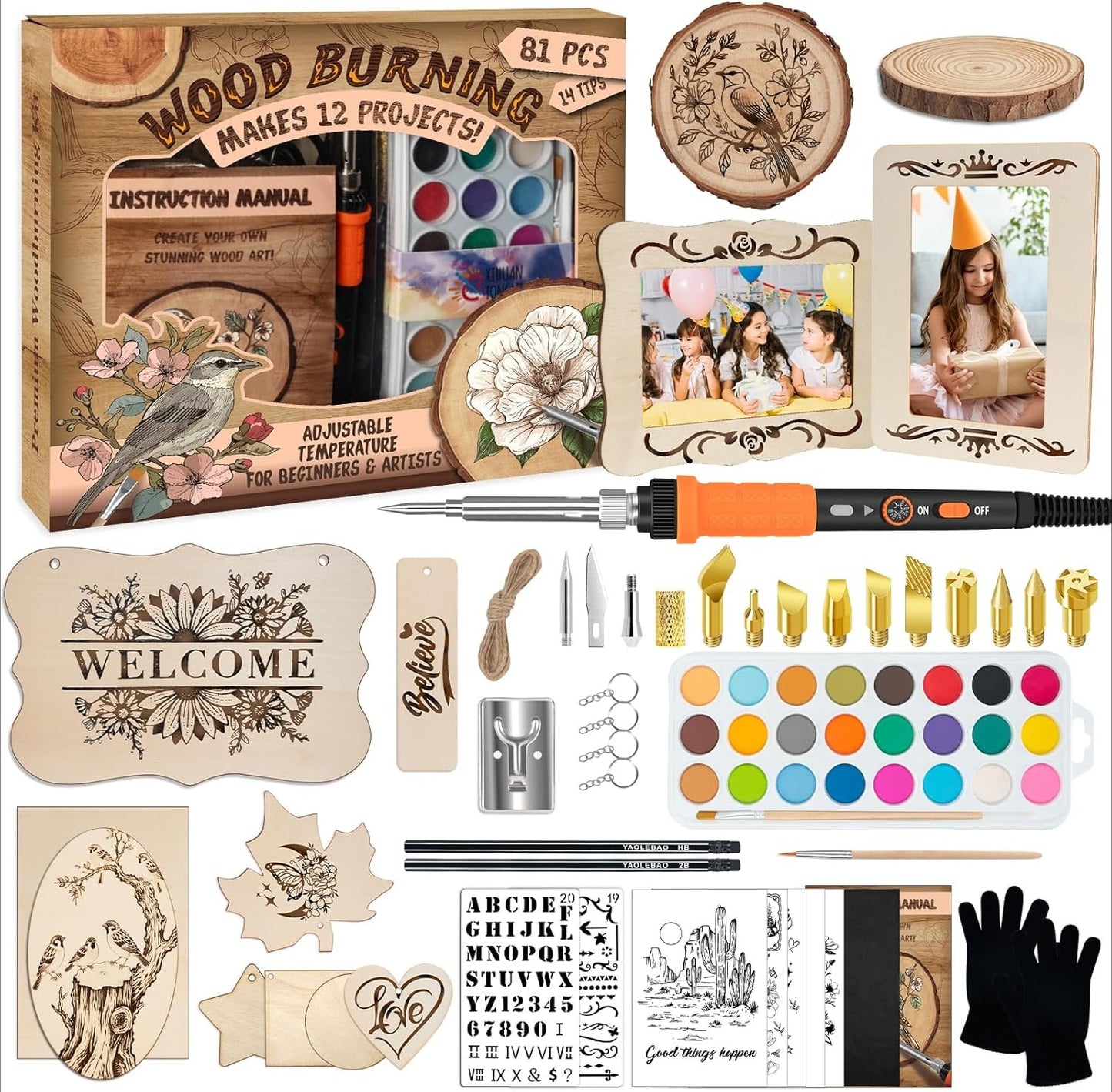 OMOMMD Wood Burning Kit - 81Pcs All-in-One Wood Burning Tool Pen Adjustable Temperature Wood Burner Kit Crafts Gifts for Adults & Teens, Woodburning Kits for Beginner Pyrography