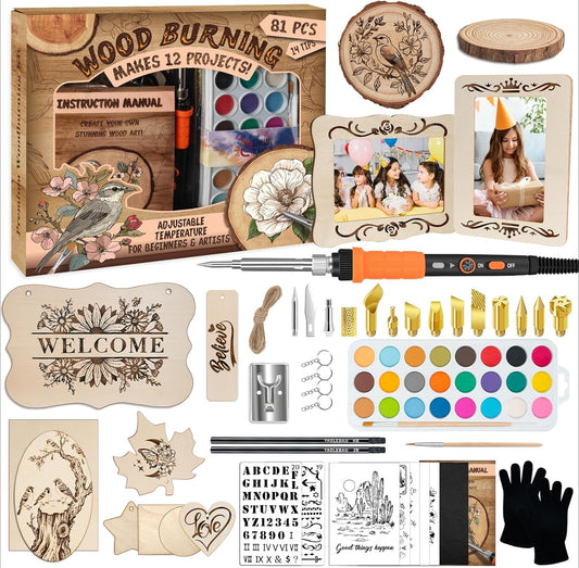 OMOMMD Wood Burning Kit - 81Pcs All-in-One Wood Burning Tool Pen Adjustable Temperature Wood Burner Kit Crafts Gifts for Adults & Teens, Woodburning Kits for Beginner Pyrography