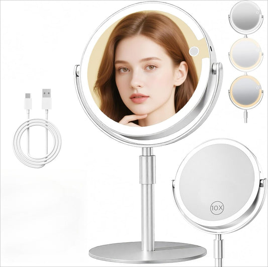 Vanity Mirror with Lights, 8" Dual-Sided Makeup Mirror with Magnification 1X/10X, Touch Control