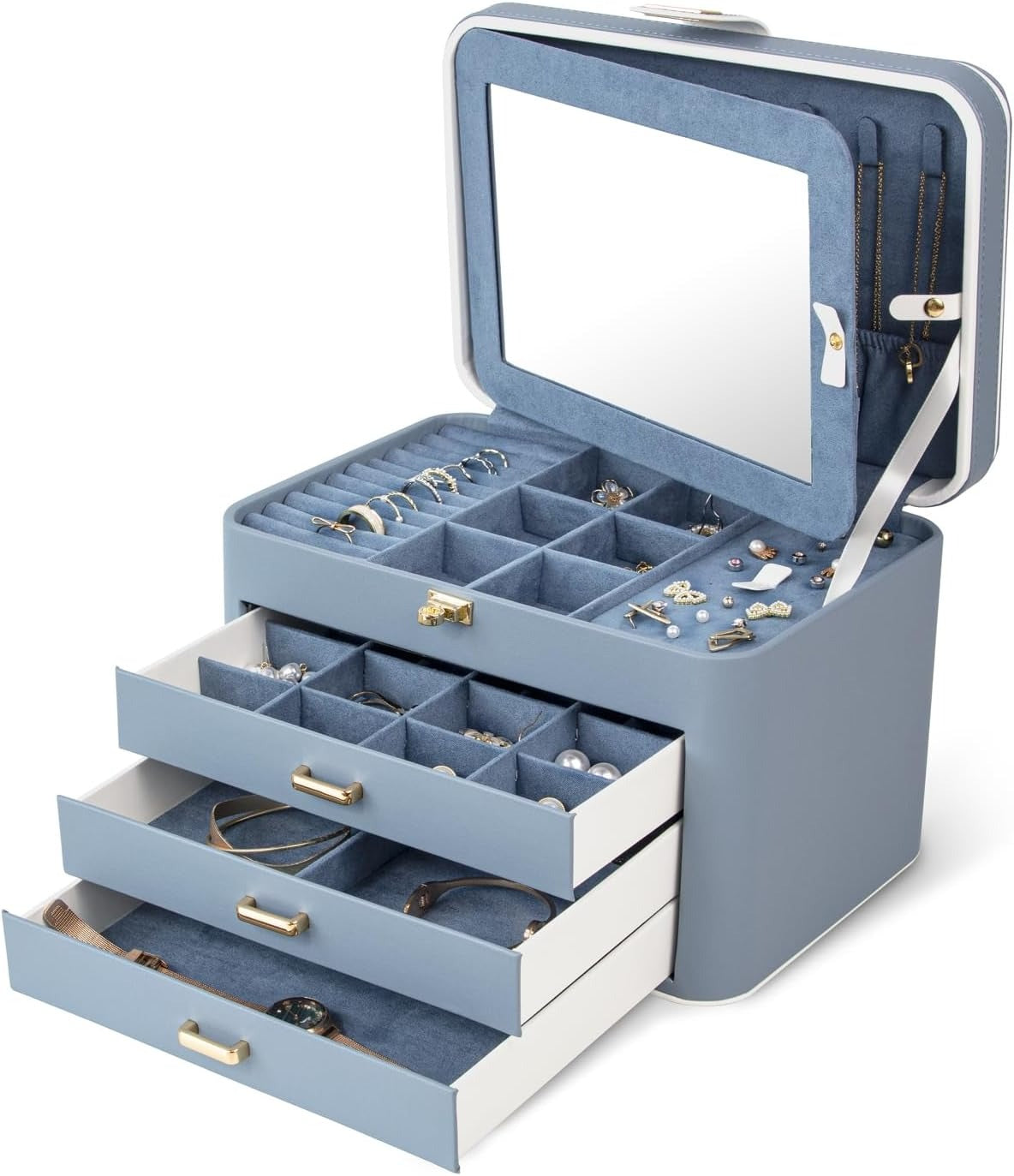 4 Layer Jewelry Organizer with Mirror, 3 Drawers, Jewelry Storage Box, for Earring, Necklace, Bracelet, Ring