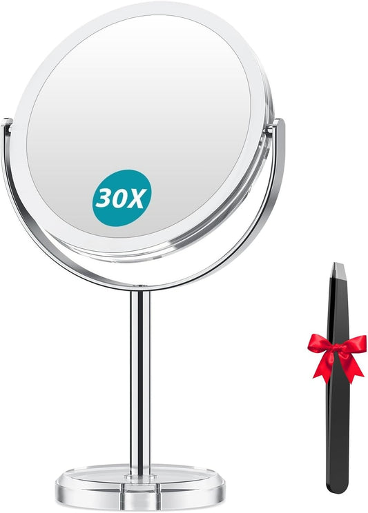 1X/ 30X Magnifying Mirror, Makeup Mirror with Tweezer, 6.8'' Double Sided Round Vanity Tabletop Mirror, 360° Rotation Portable