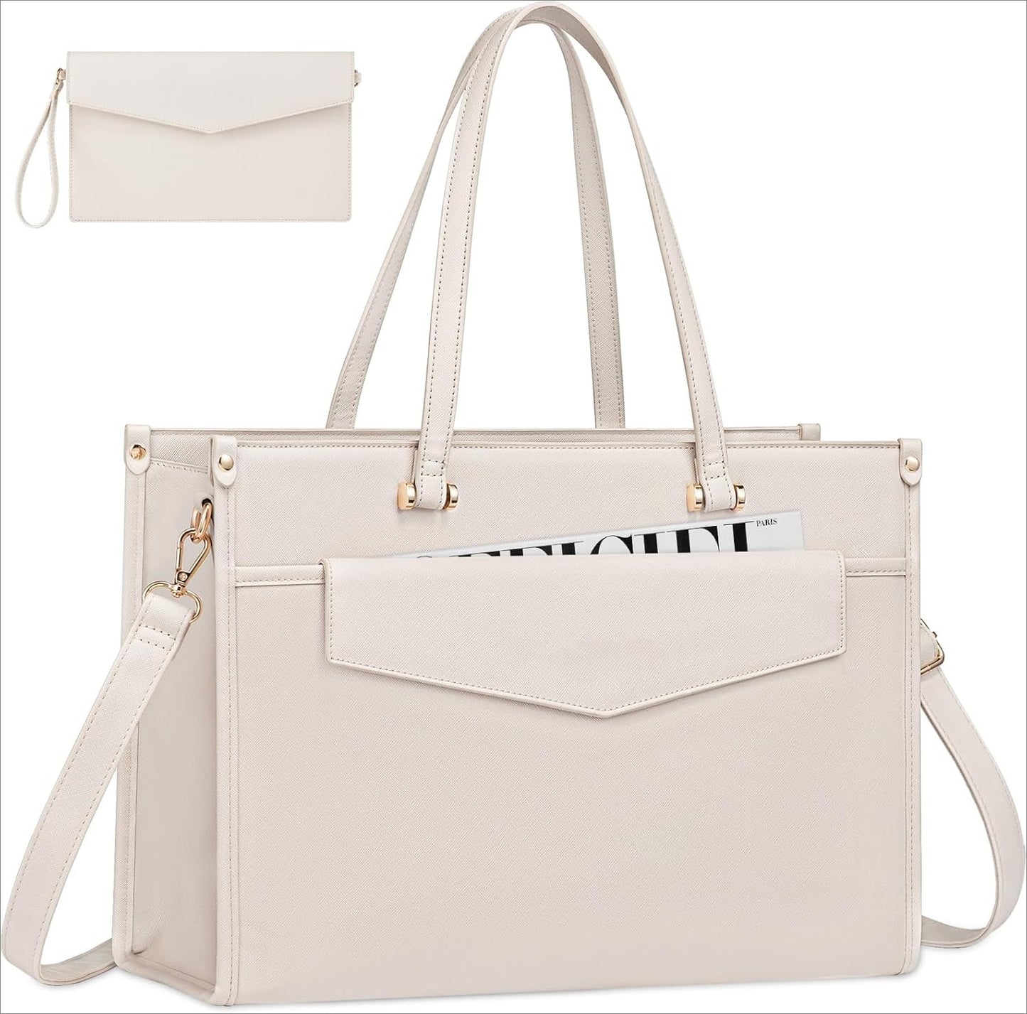15.6'' Laptop Tote Purse 2-in-1 Professional Business Briefcase with Clutch Purse, Waterproof Leather