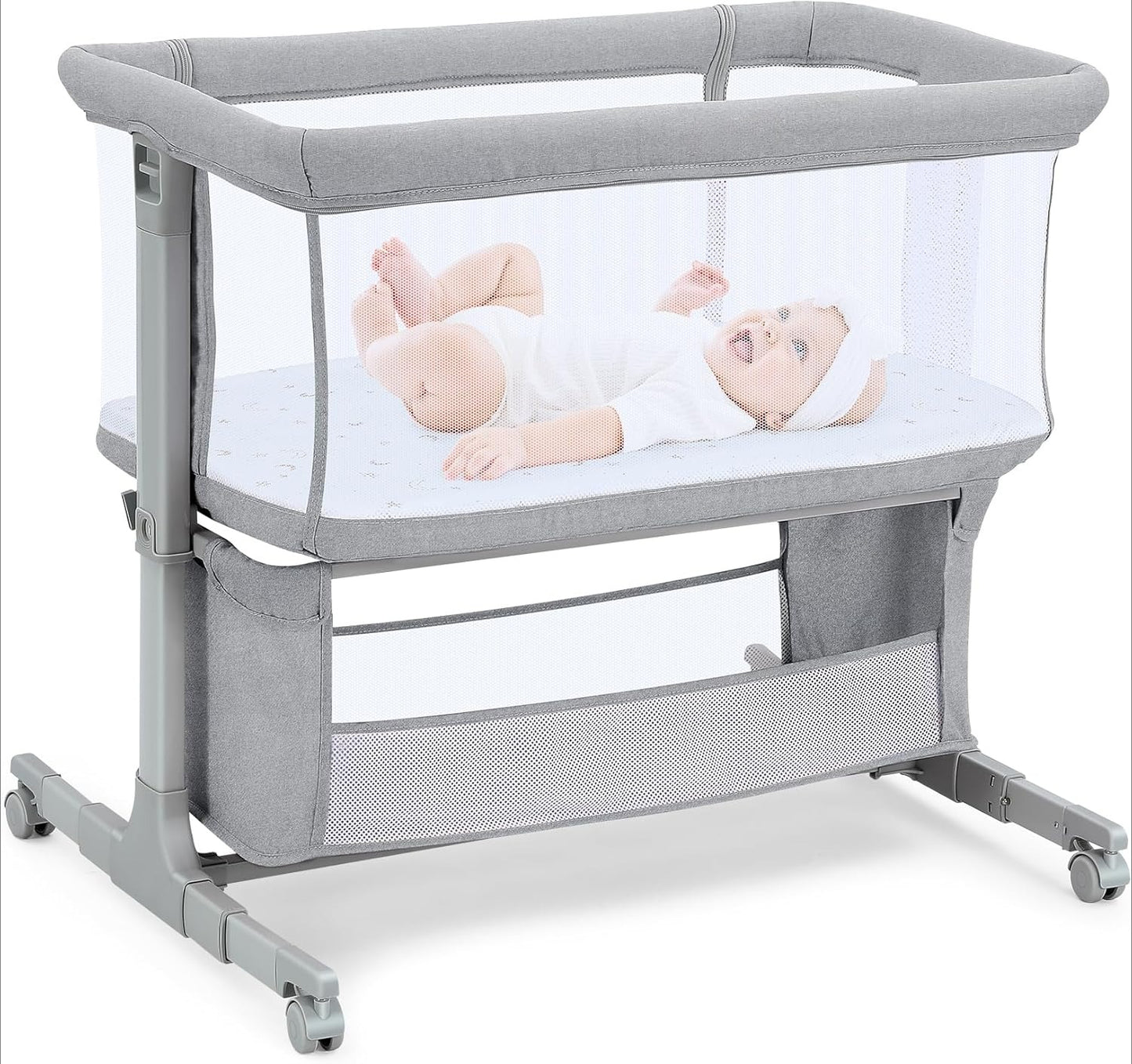 Adjustable 7 Heights and All Mesh Sides,Bedside Bassinet for Baby, Portable Baby Bassinet Bedside Sleeper