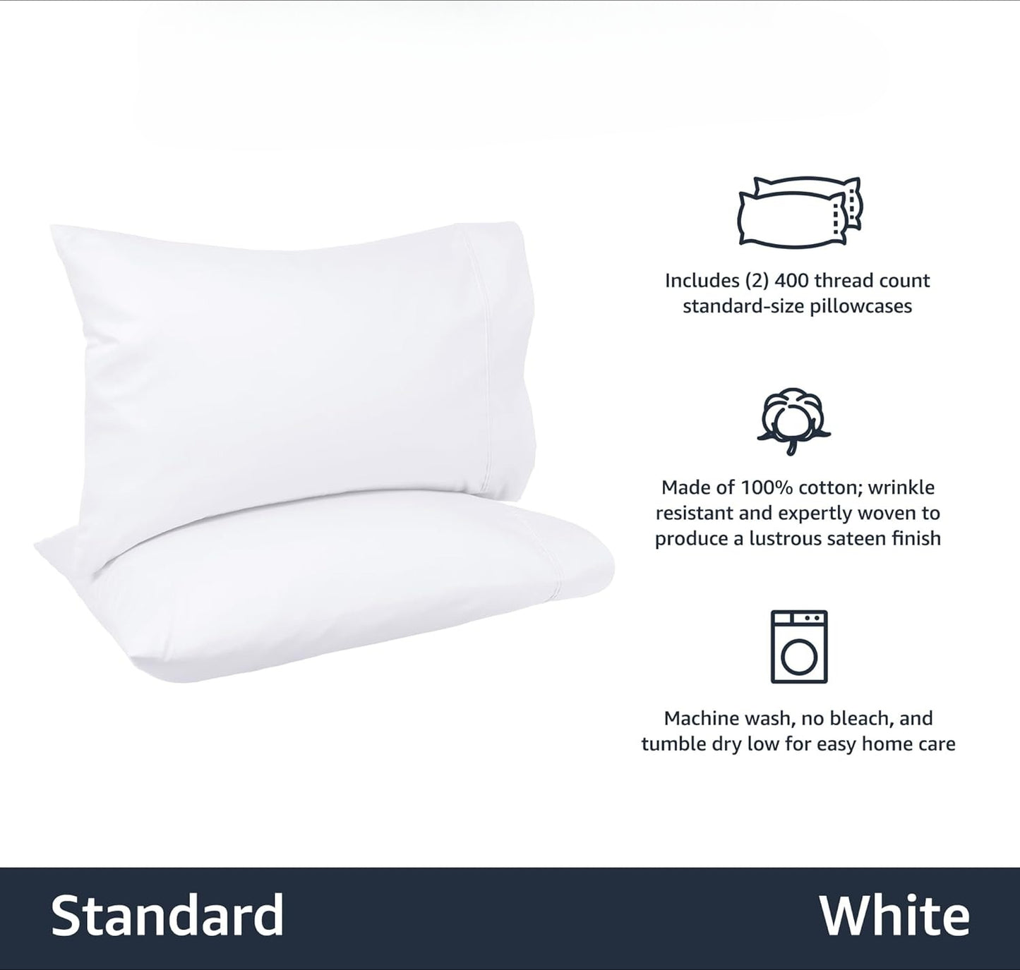 400 Thread Count Cotton Pillow Case, Standard, 30" L x 20" W, White - Set of 2, Pillows Not Included