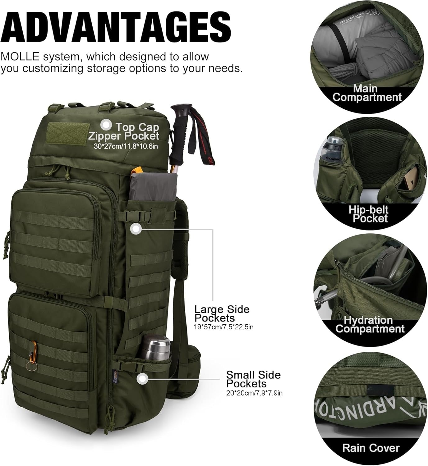 75L Molle Hiking Internal Frame Backpacks with Rain Cover for Camping,Backpacking,Travelling