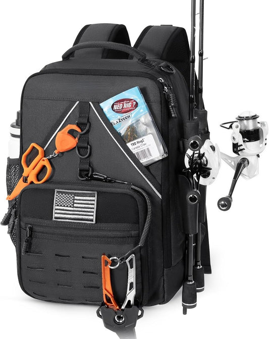 Fishing Tackle Backpack, With 2 Rod Holders,Fishing Gear and Equipment With Large Gear Storage